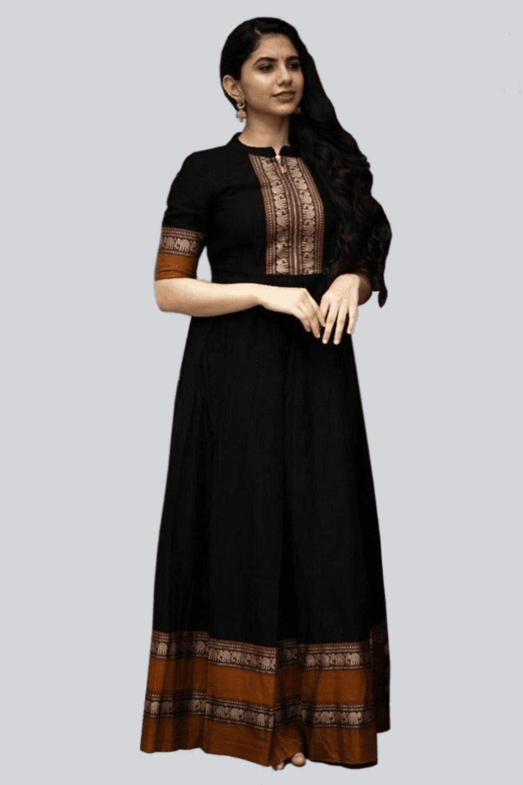 Long Pleated Flare Cotton Indian Traditional Gown Dress Kurti JCS Fashions Black Medium (38)