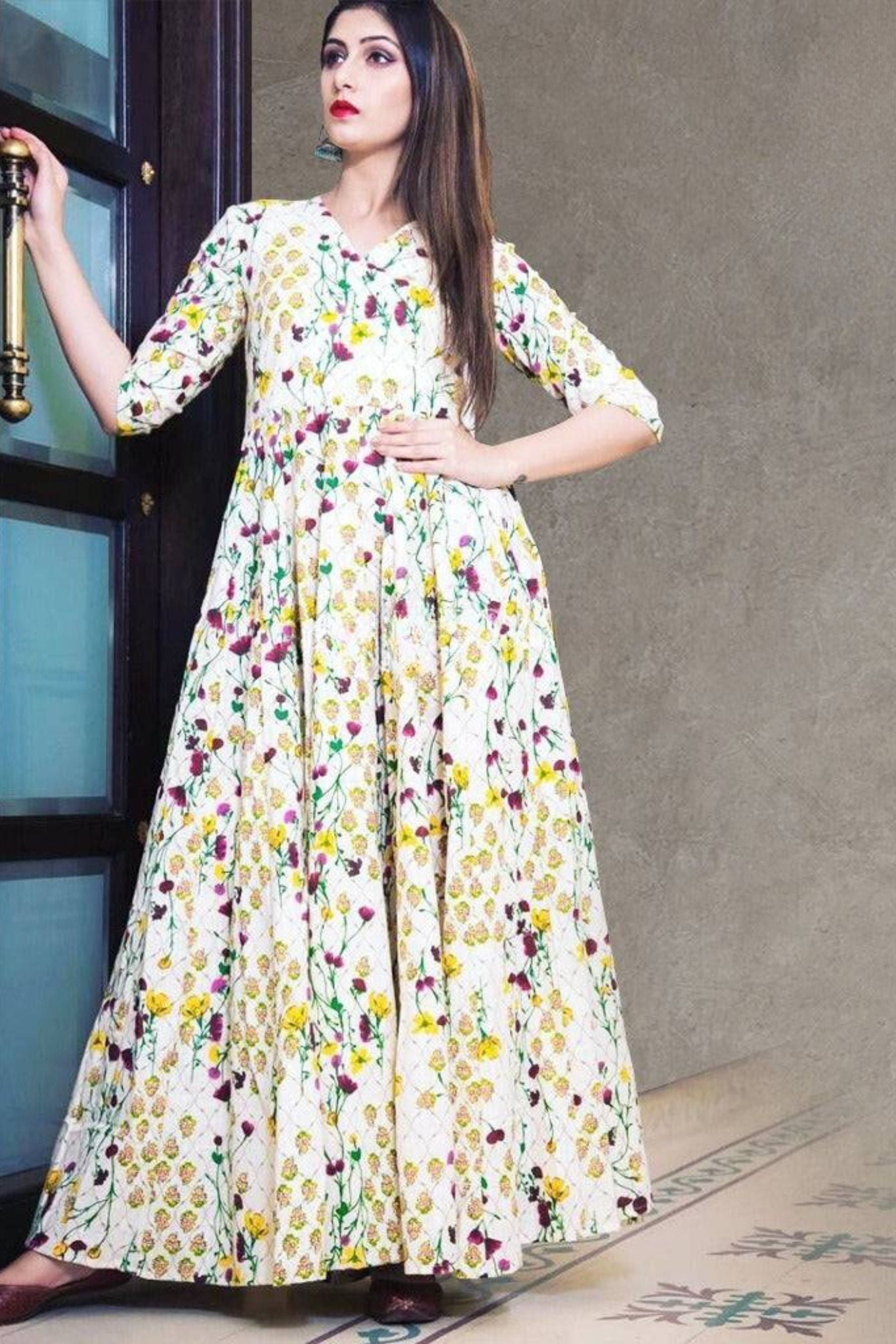 Chic Pure Muslin Long Gown : Digital Print, Full Inner| JCSFashions Kurti JCS Fashions Medium (38) Cream