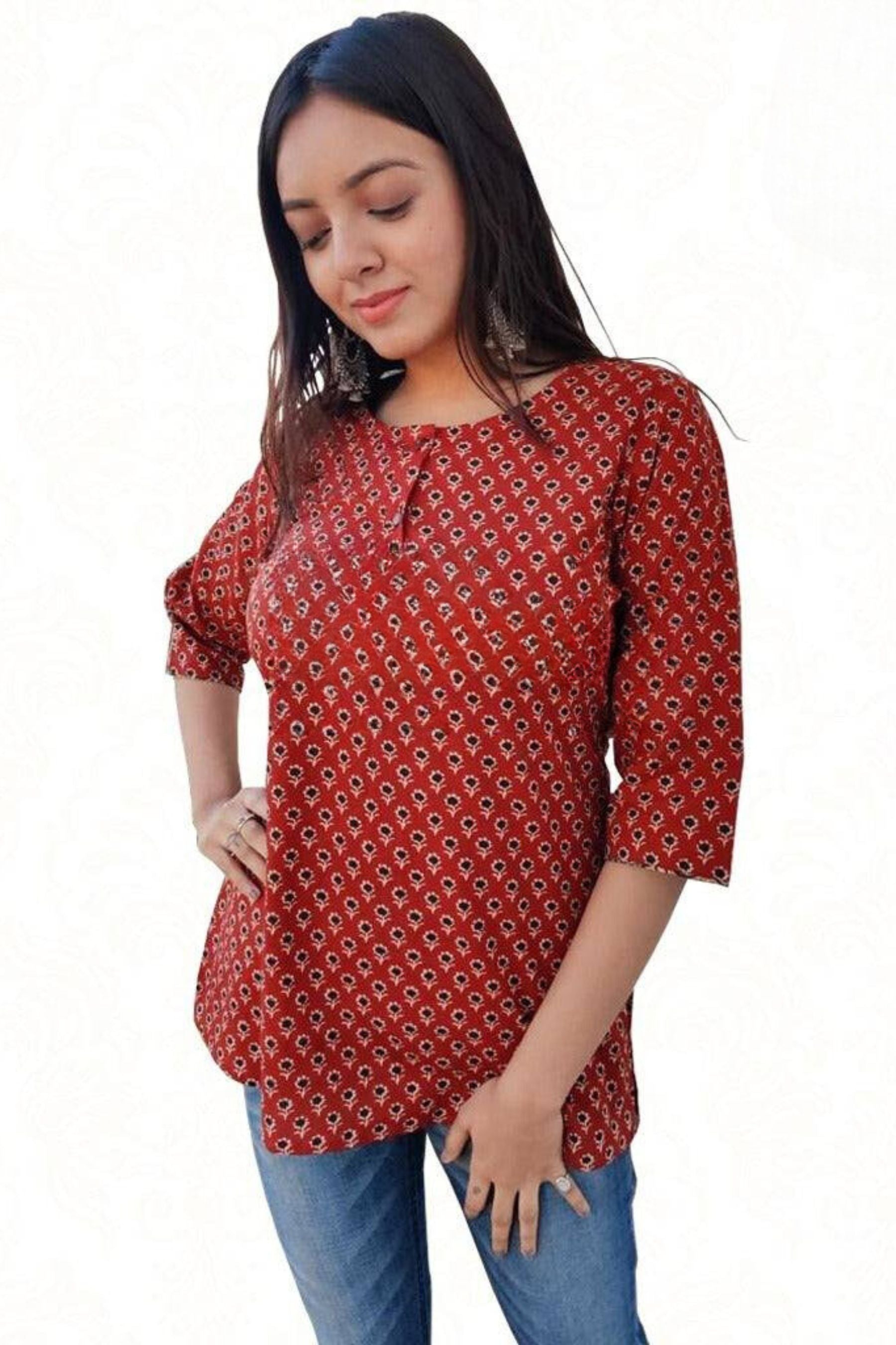 Cambric Cotton Short Kurti – Stylish Summer Essential at JCS Fashions Kurti JCS Fashions Brick red Large (40)