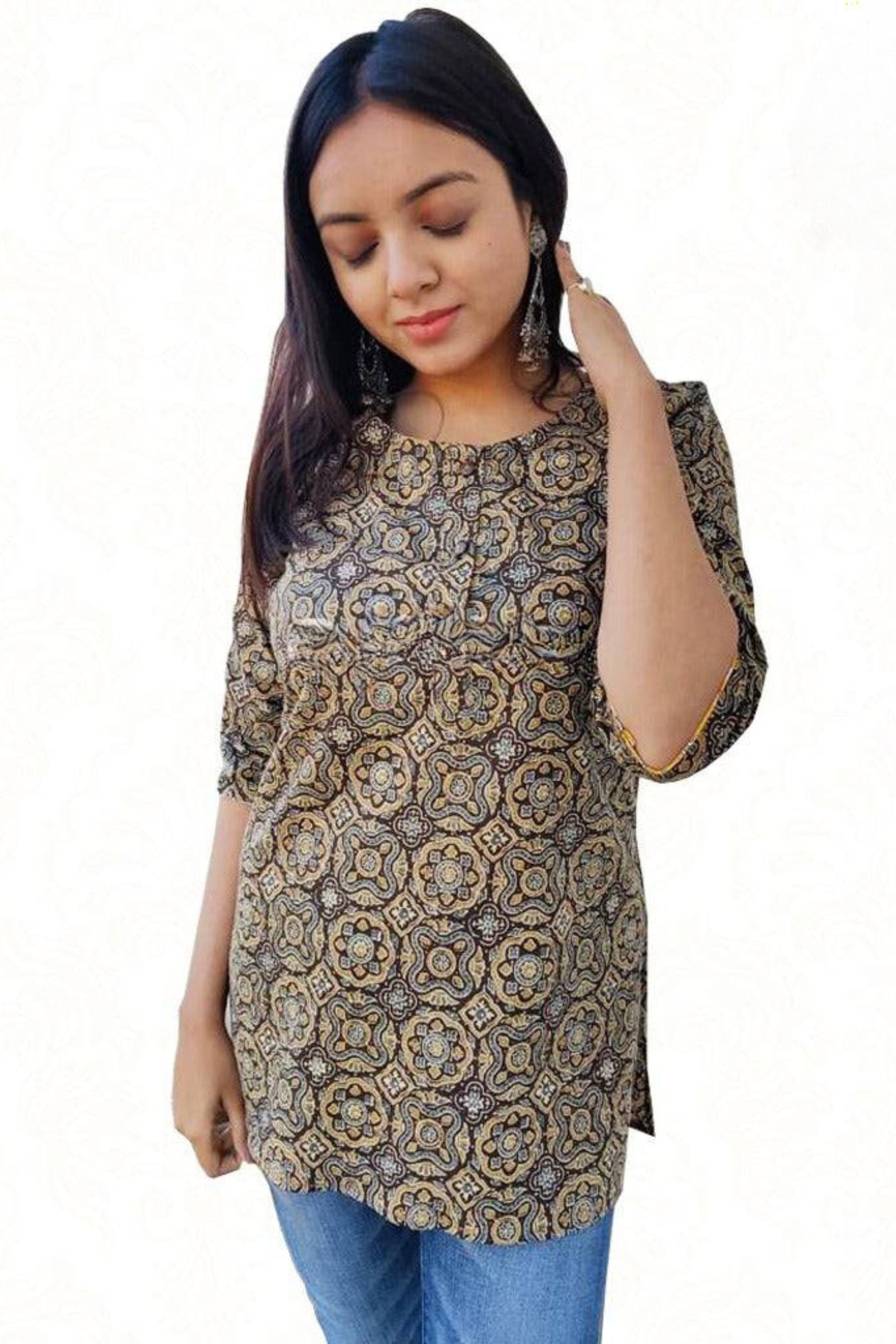 Stylish Cambric Cotton Short Kurti - Casual Chic for Everyday Wear Kurti JCS Fashions Cream & Black Large (40)