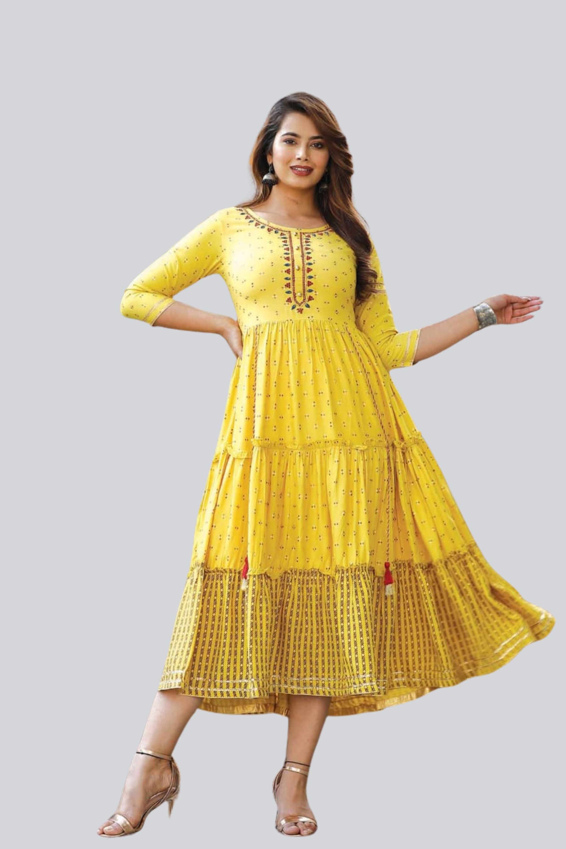 Yellow Bollywood Style Indian Kurti Gown. Ships from USA JCS Fashions