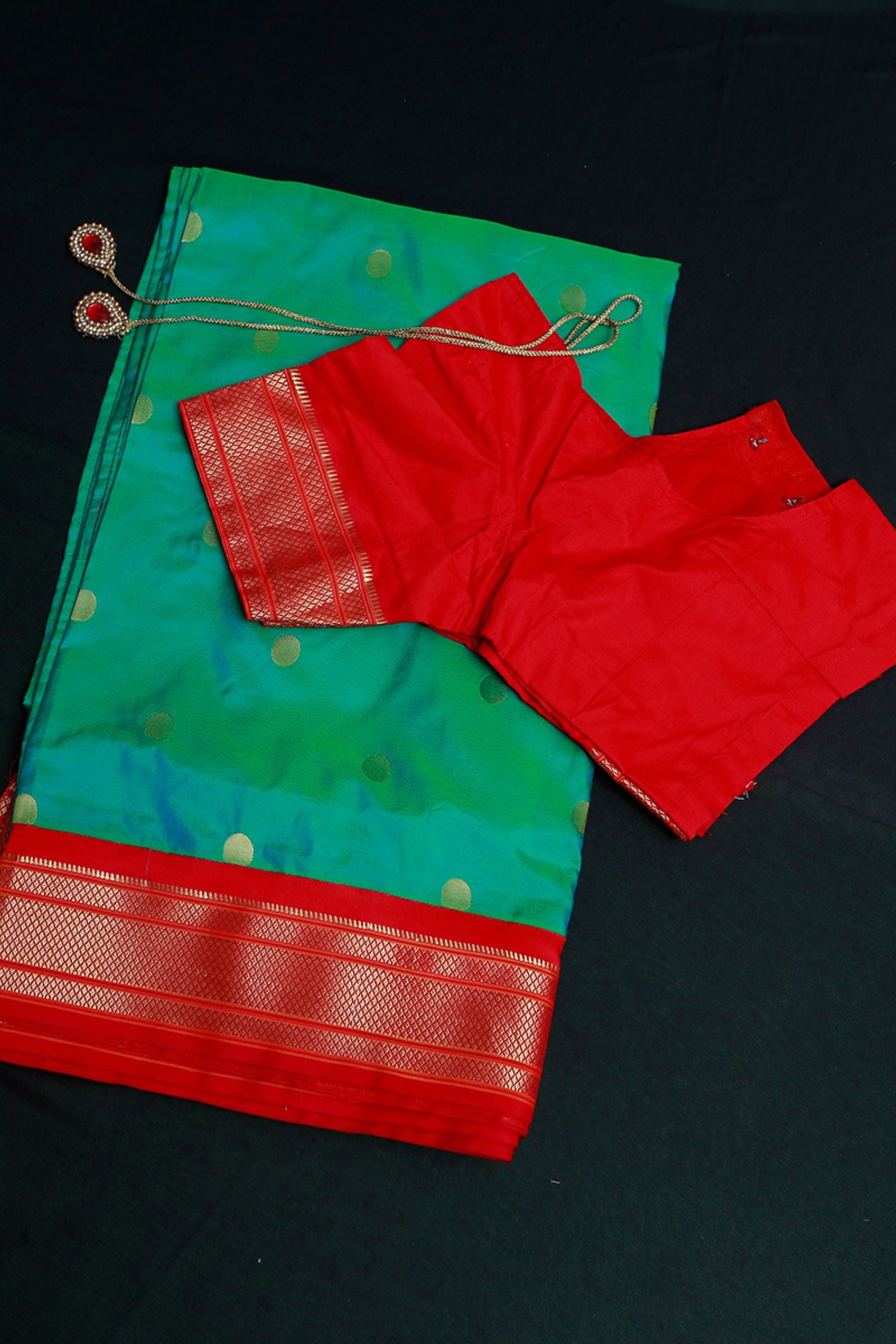 Yeola Paithani Silk Saree, Green with Red, Fully stitched blouse SAREE JCS Fashions Green 5.5 meters