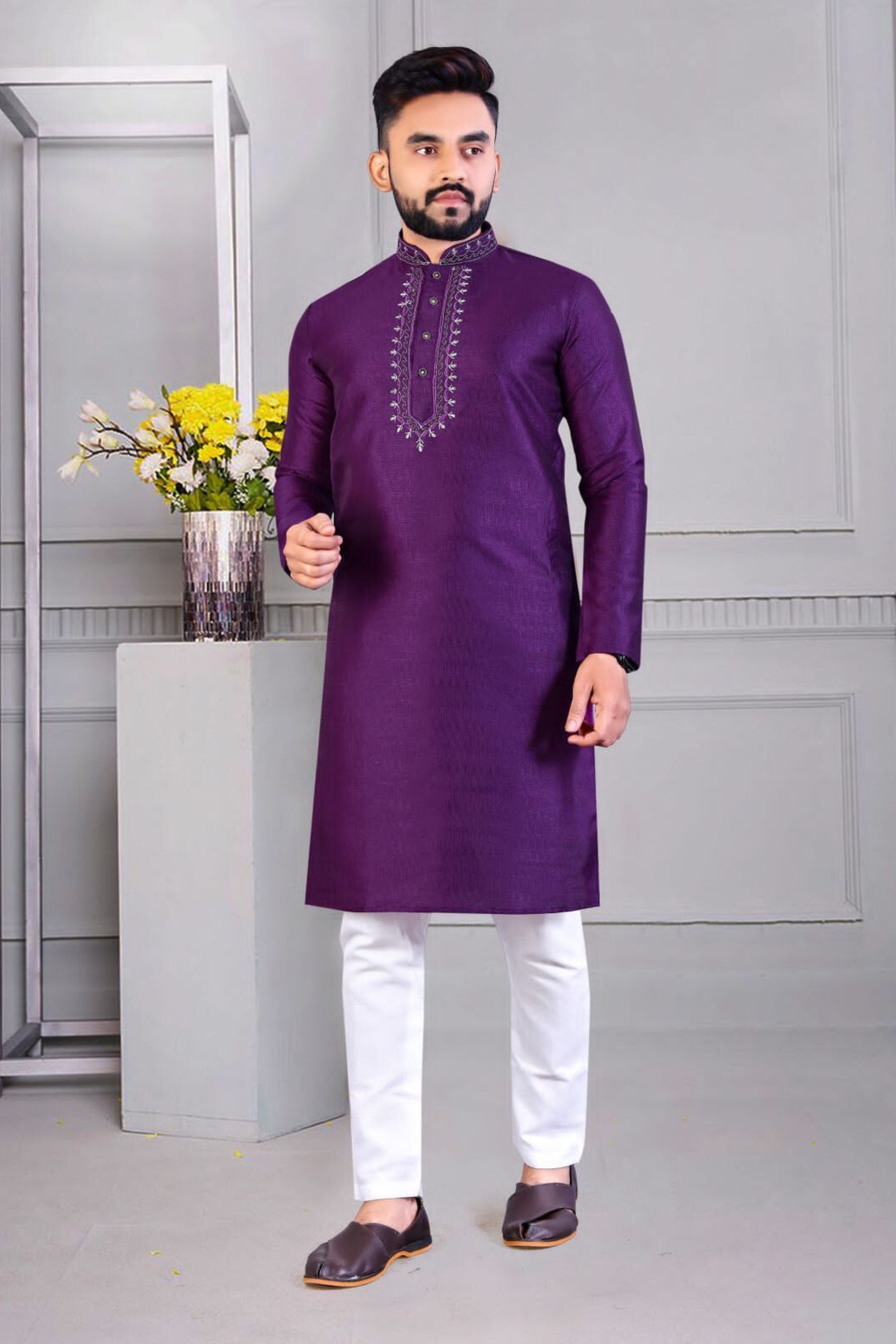 JCS Fashions Men's Traditional Corian Silk Kurtas with Resham Neck Detail Men JCS Fashions Purple Large (40)