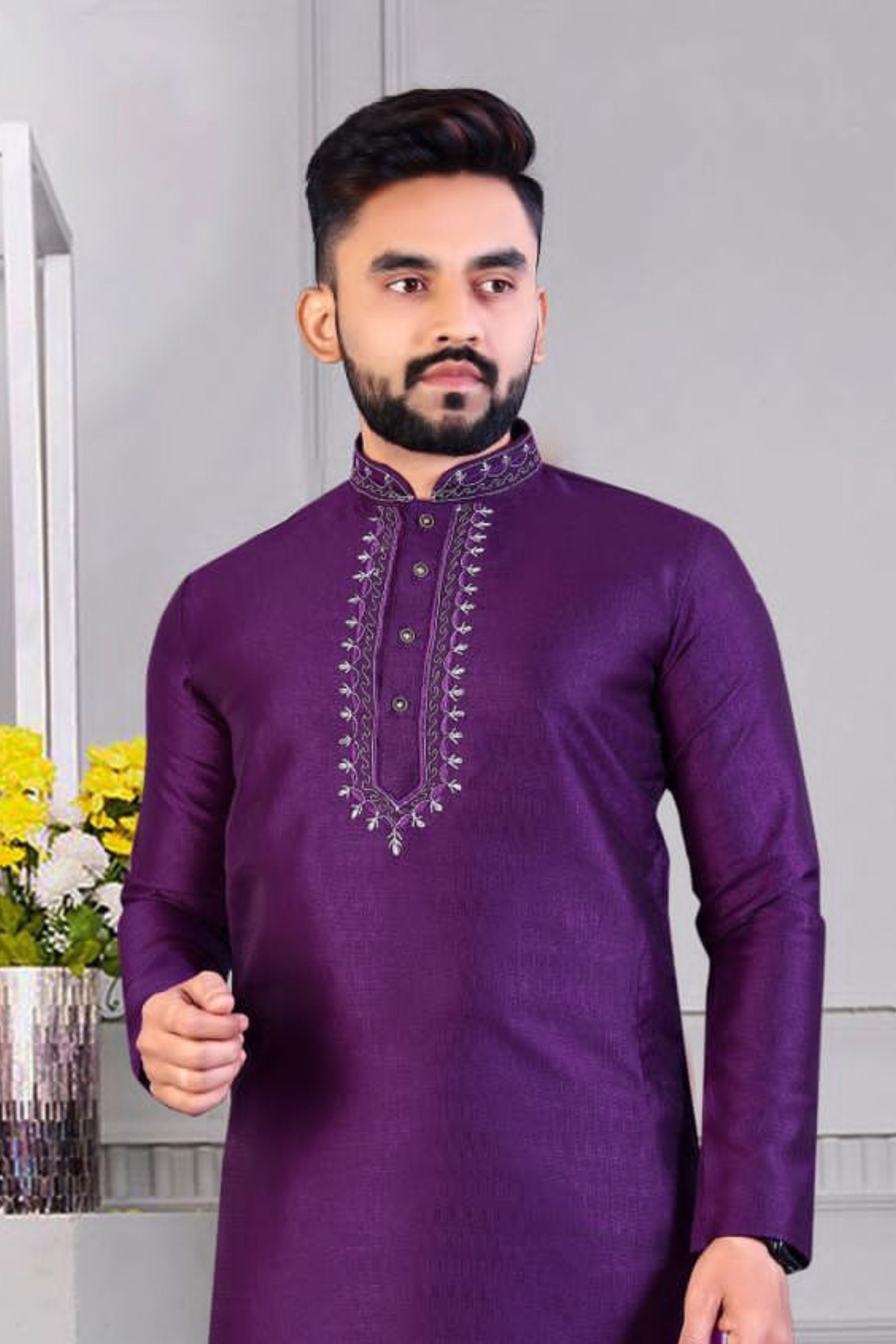 JCS Fashions Men's Traditional Corian Silk Kurtas with Resham Neck Detail Men JCS Fashions