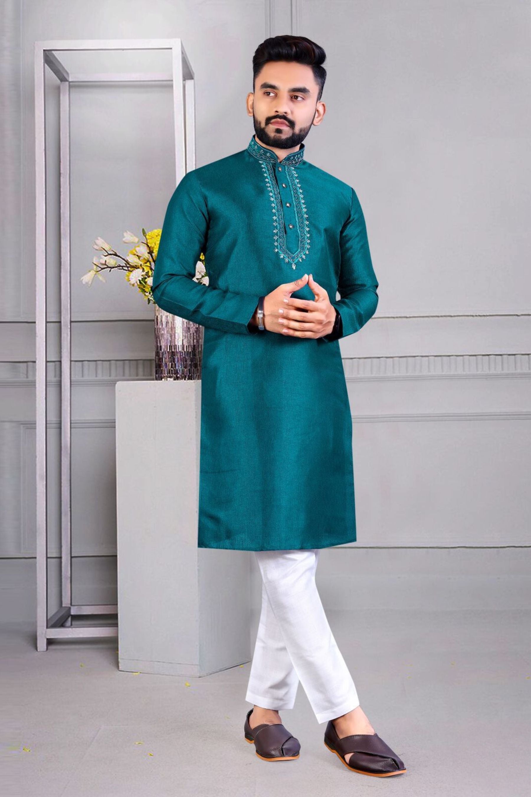 JCS Fashions Men's Traditional Corian Silk Kurtas with Resham Work Men JCS Fashions Teal Large (40)