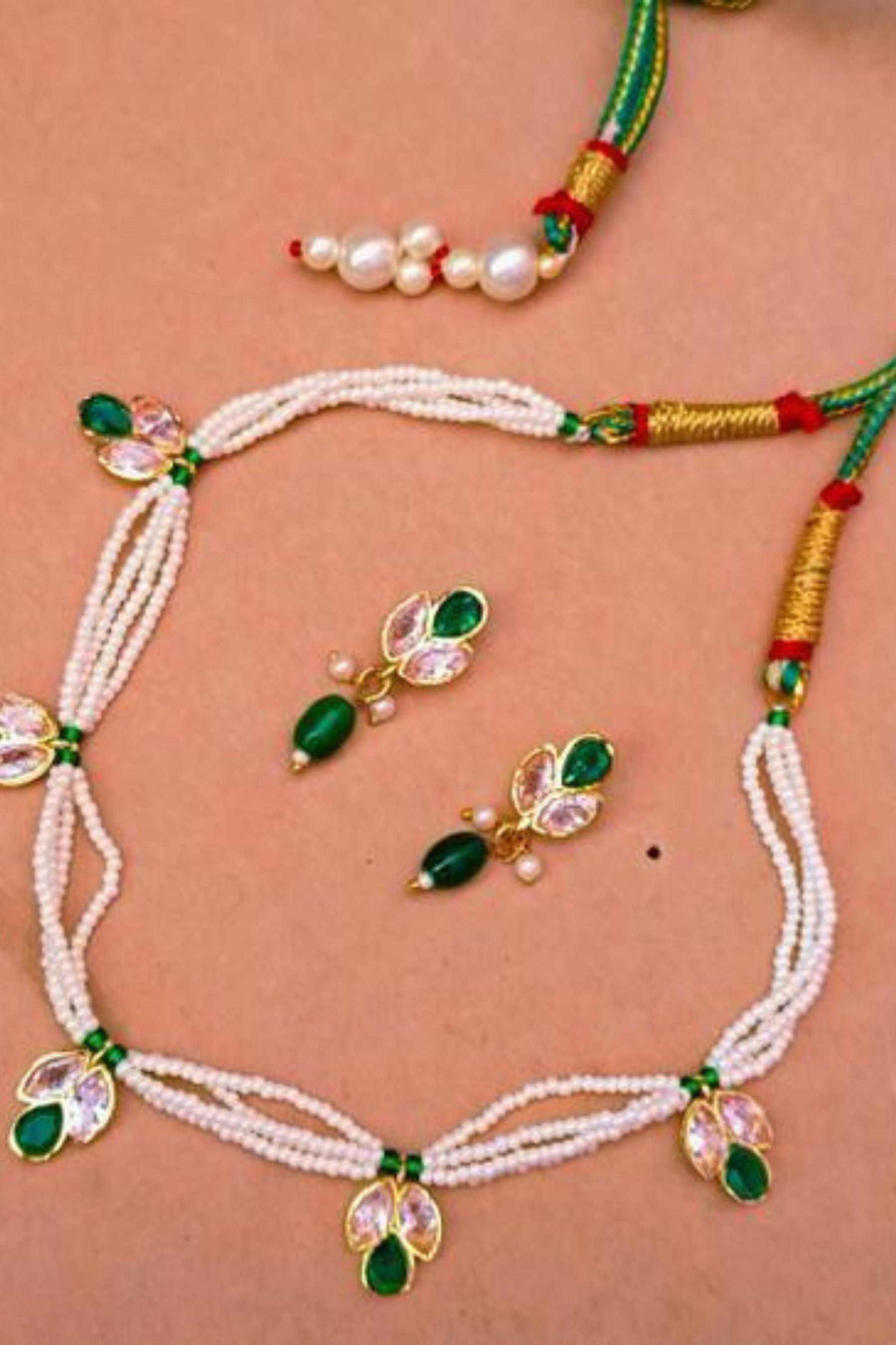 Gold-Plated White Pearl & Red Bead Choker Set with Earrings - JCSFashions Jewelry JCS Fashions Green 11 inch