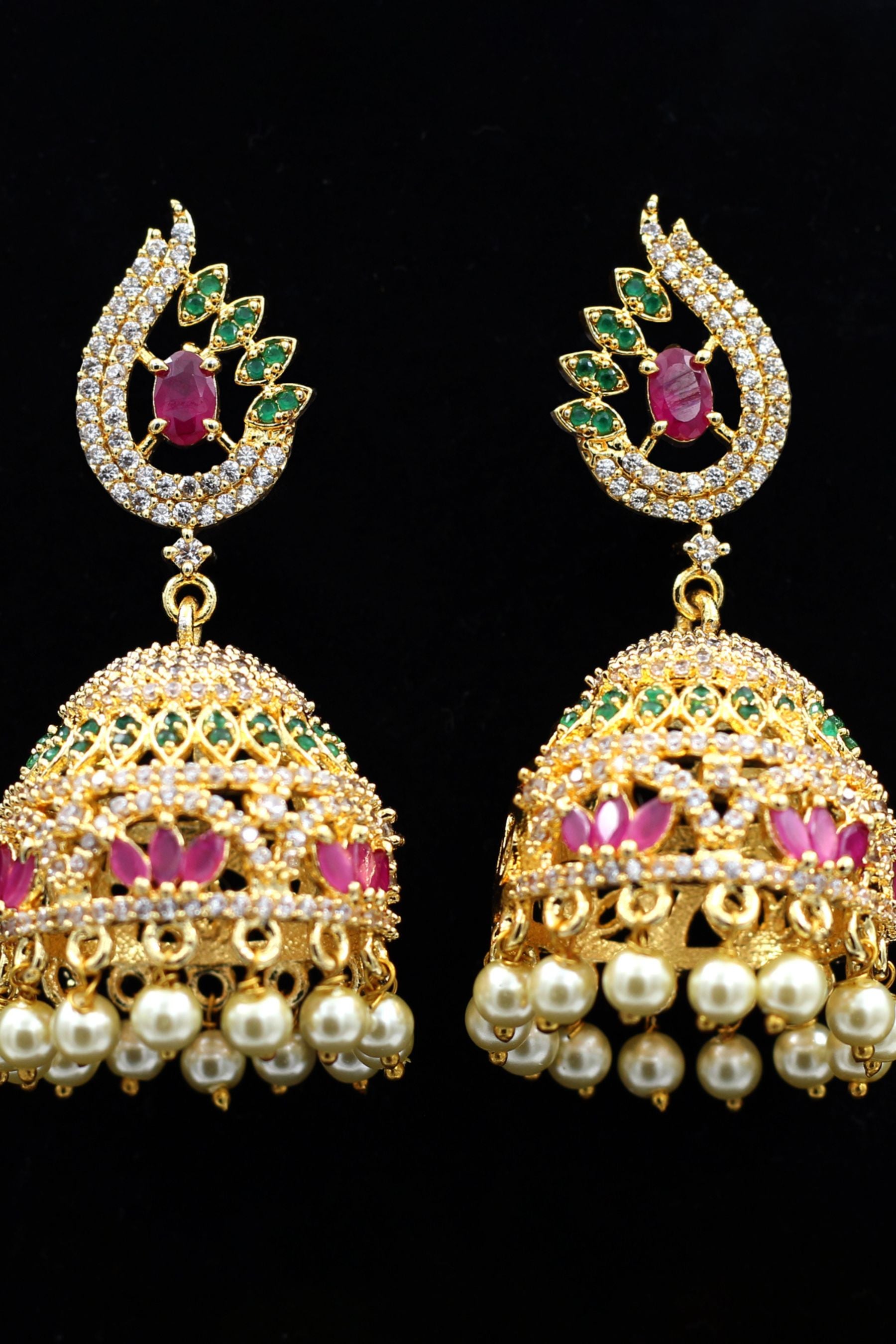 Vibrant Jeweled Gold Polish Jhumka Earrings with Pearl Accents Jewelry JCS Fashions