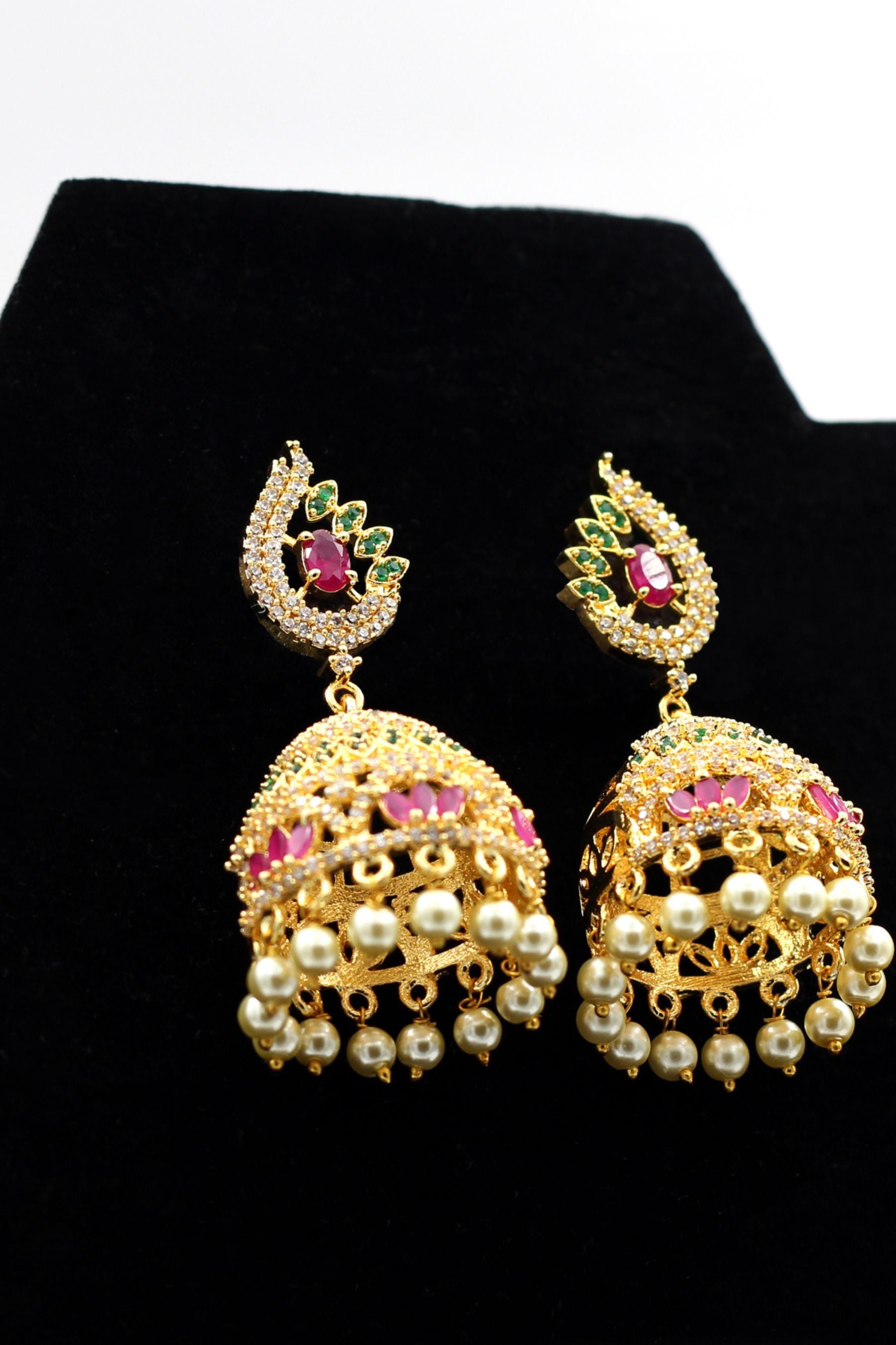 Vibrant Jeweled Gold Polish Jhumka Earrings with Pearl Accents Jewelry JCS Fashions Gold 2.2"