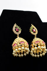 Vibrant Jeweled Gold Polish Jhumka Earrings with Pearl Accents