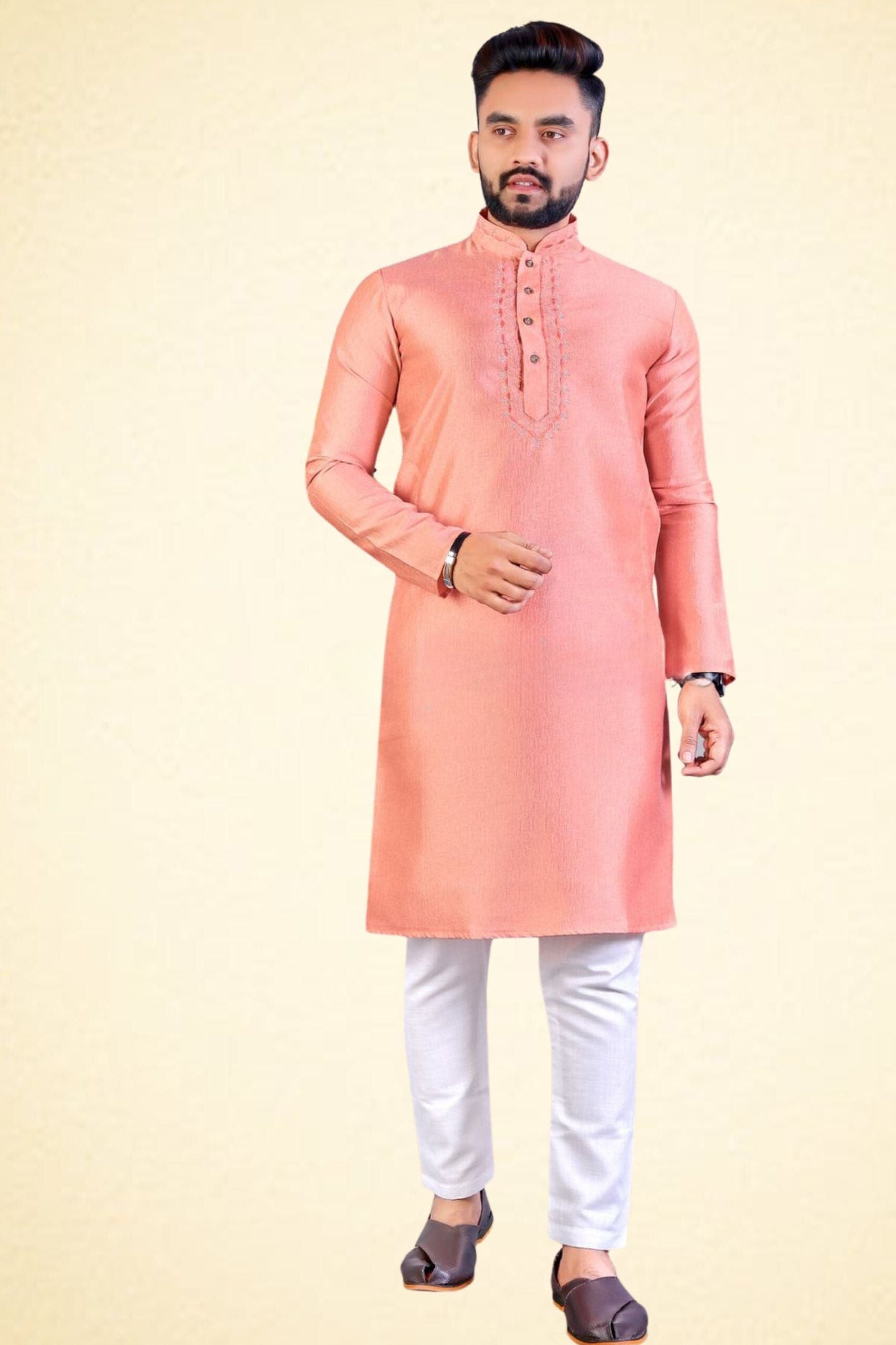 Men's Ethnic Chanderi Silk And Cotton Fabric Kurta Set MEN JCS Fashions Peach Medium (38)