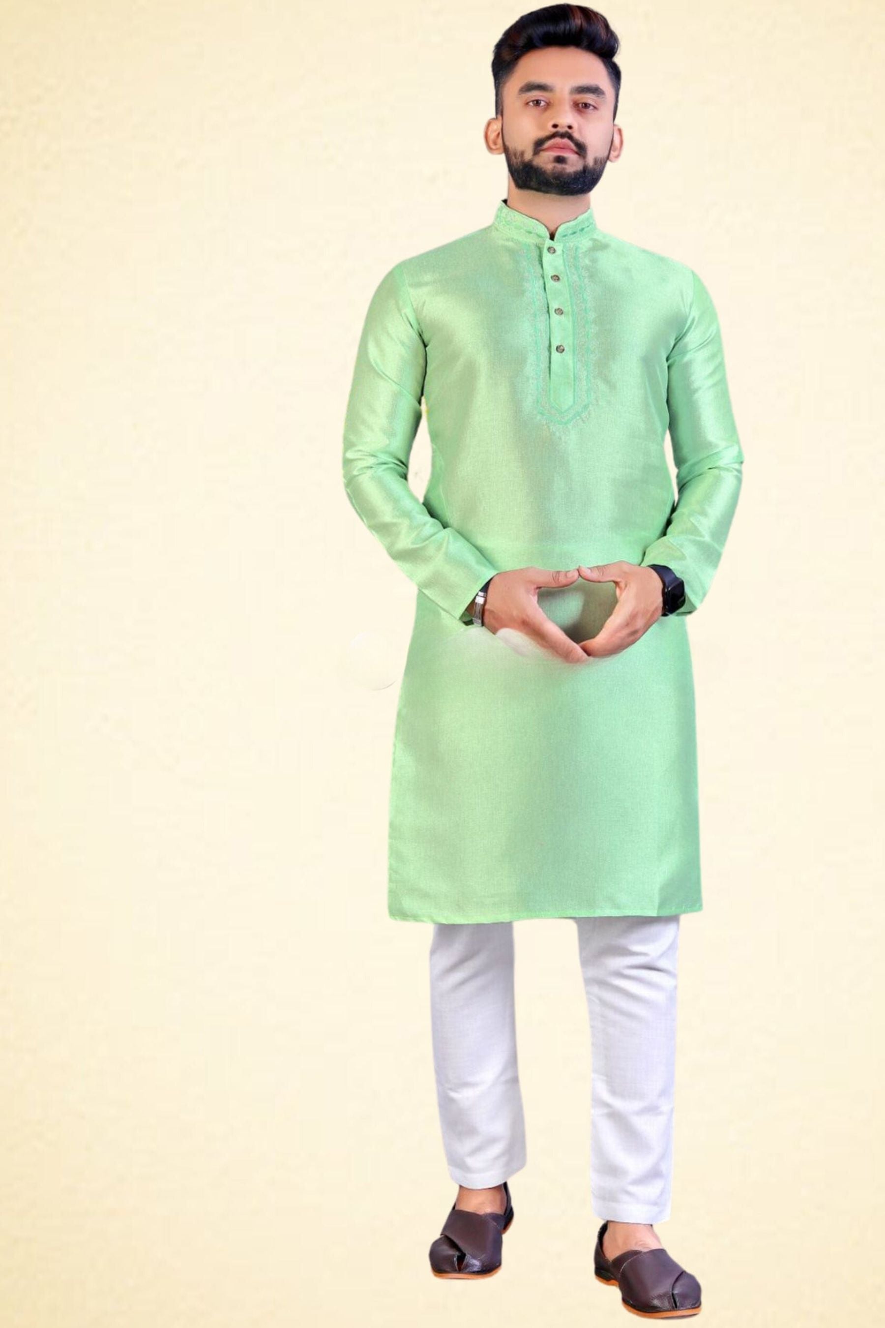 Men's Chanderi Silk Traditional Kurta Set MEN JCS Fashions Pista Green Medium (38)