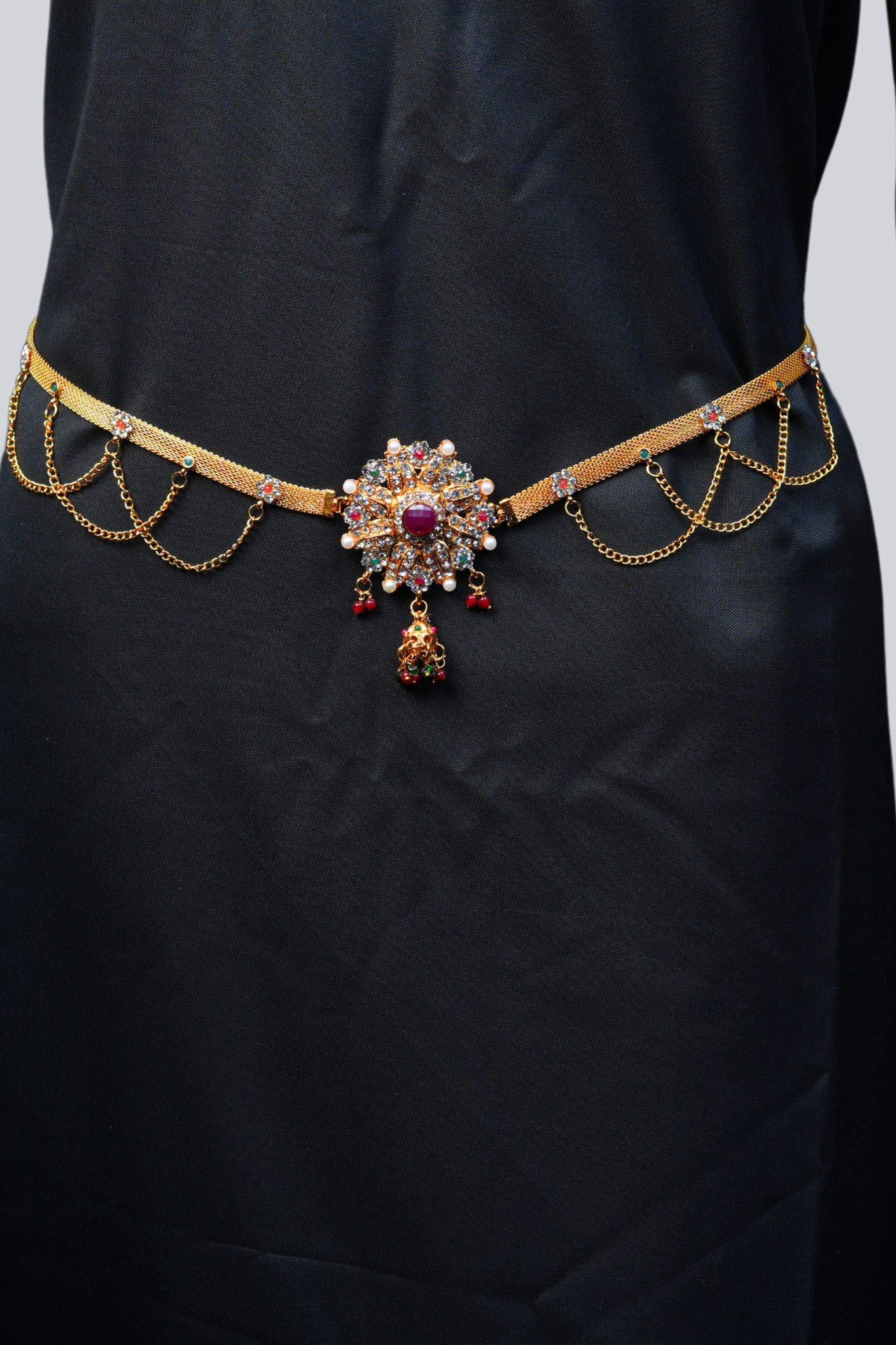 Pink and Green Stone Embellished Antique Hip Chain by JCS Fashion