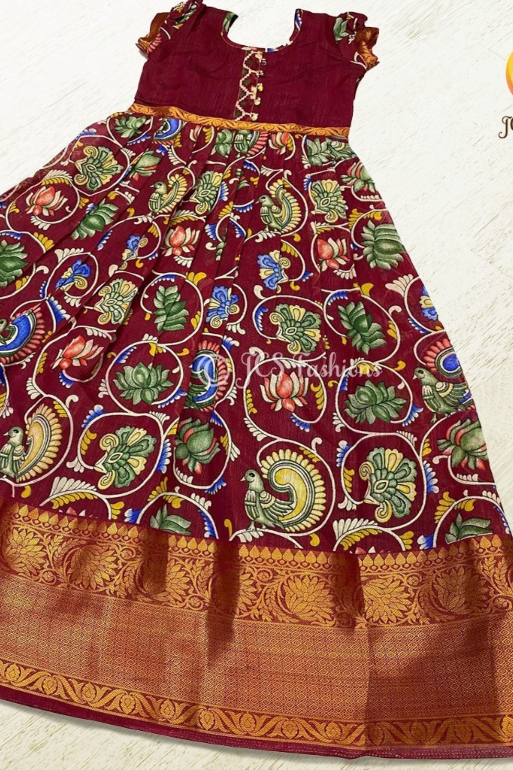 Little Princess Kalamkari Print Flared Gown with Zari border GIRLS JCS Fashions Maroon 24