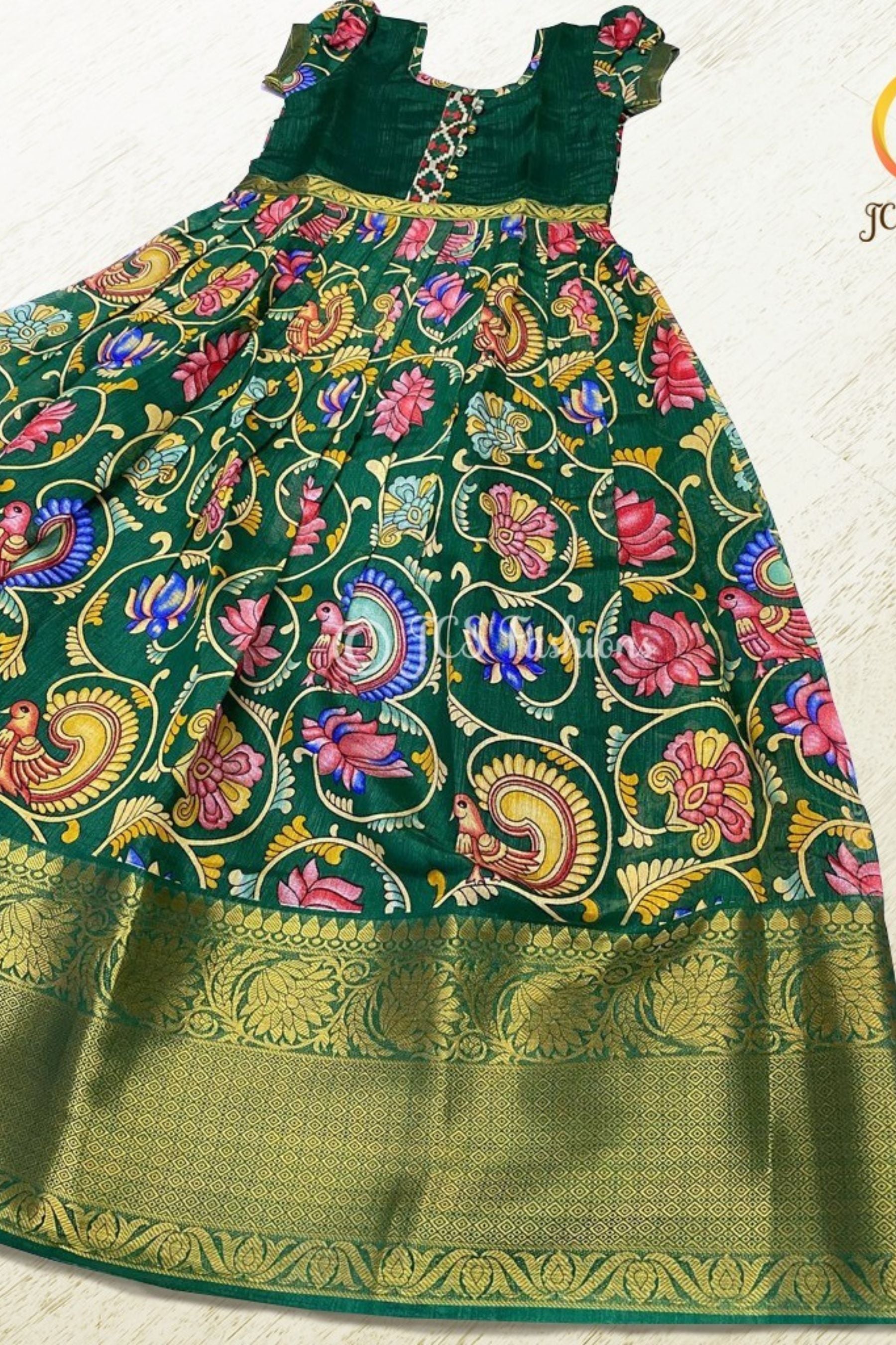 Little Princess Kalamkari Print Flared Gown with Zari border GIRLS JCS Fashions Green 24