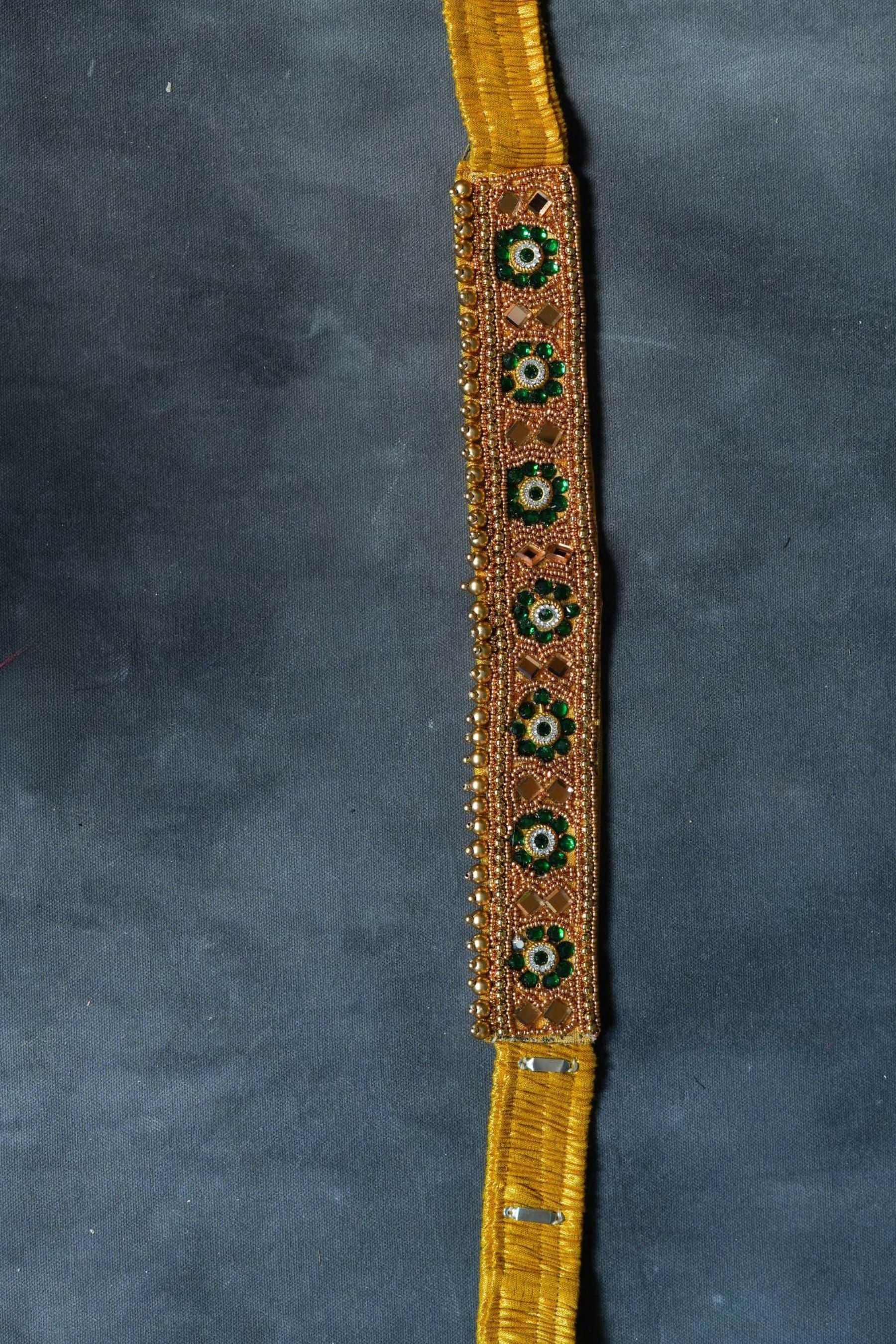 Chic Harmony: Aari Work Hip Belt with Green & White Stones |JCSFashions