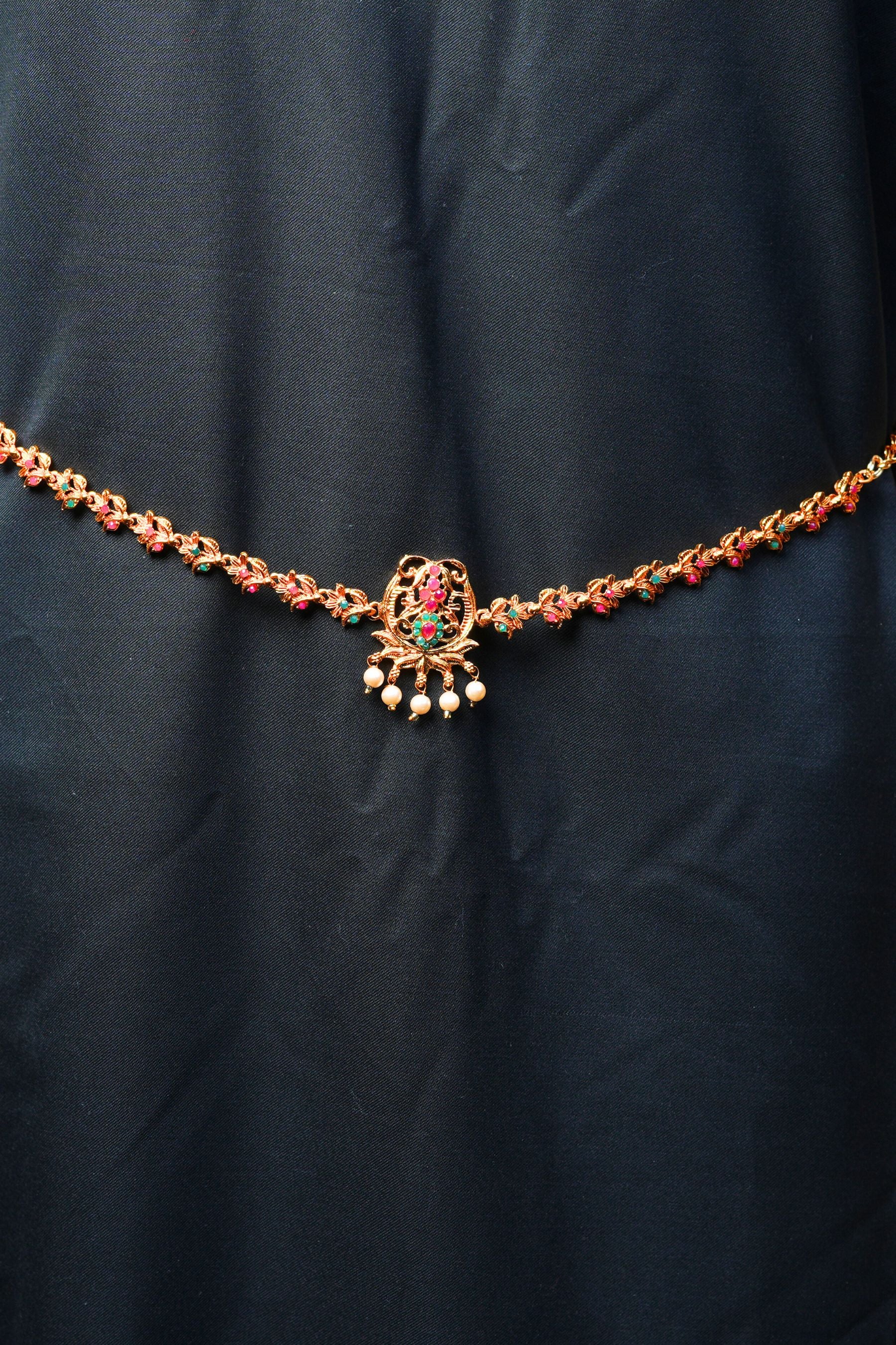 Radiant Elegance: Antique Gold & Pink Stone Hip Chain with Dangling Beads