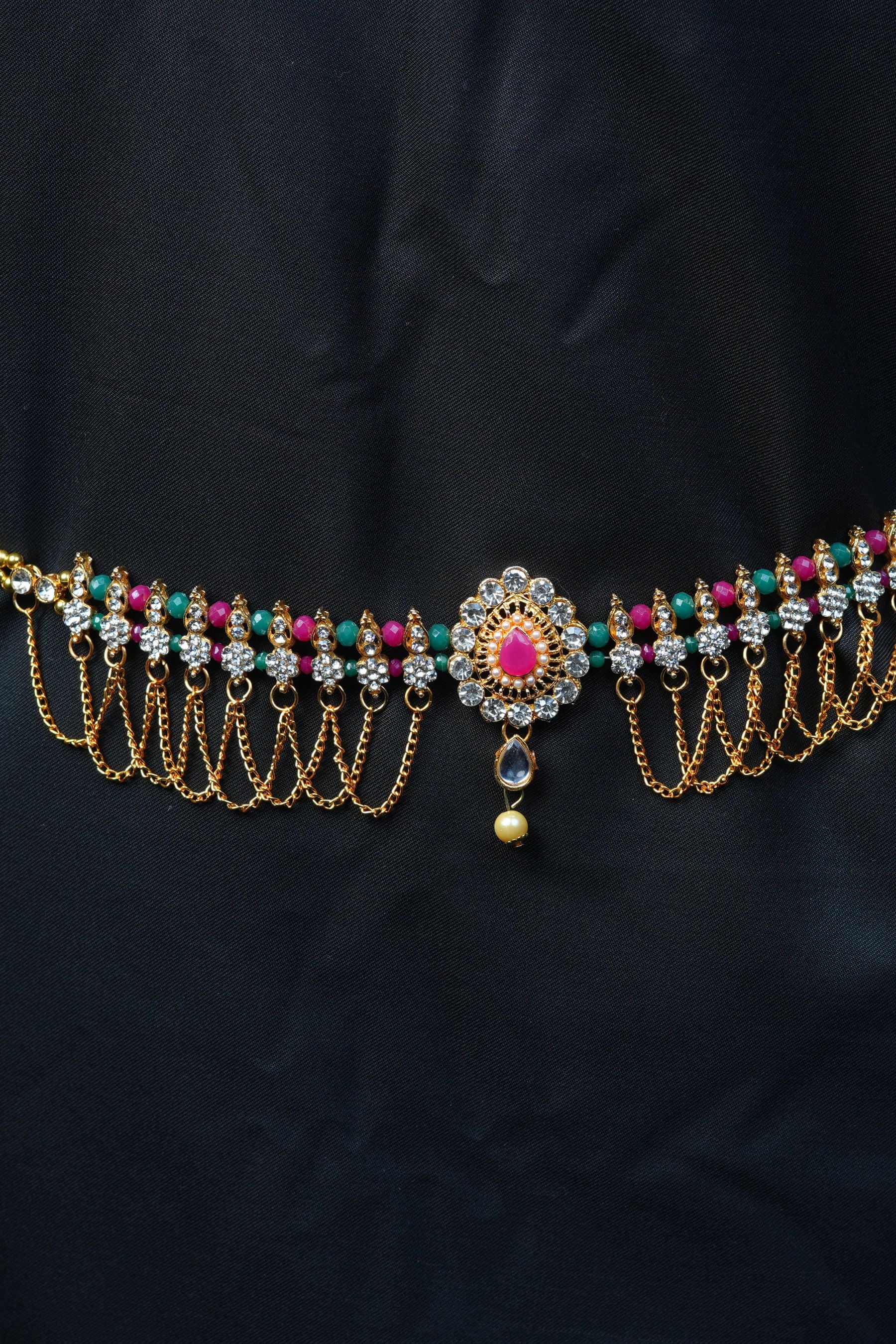 Gold Hip Belt with White Stone, Green and Pink Beads | JCSFashions Jewelry JCS Fashions