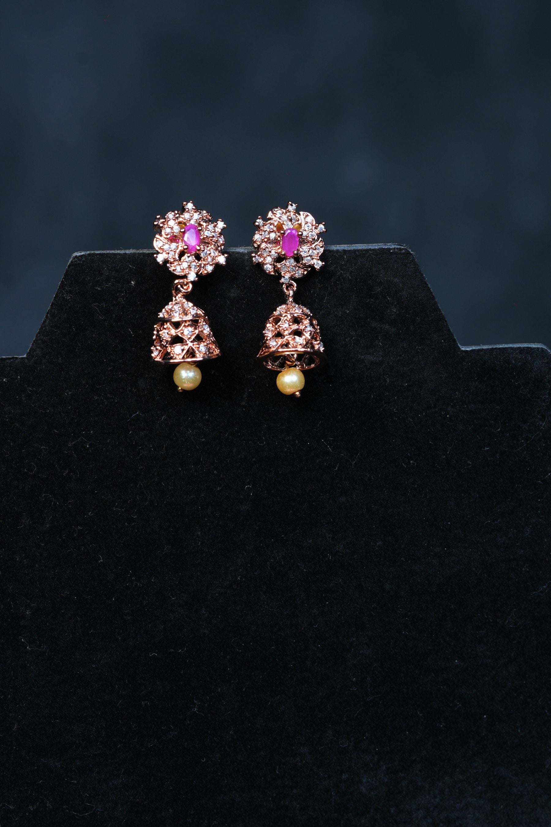 Stunning Pink and White AD Stone Jhumka Earrings with Pearl Detail Jewelry JCS Fashions