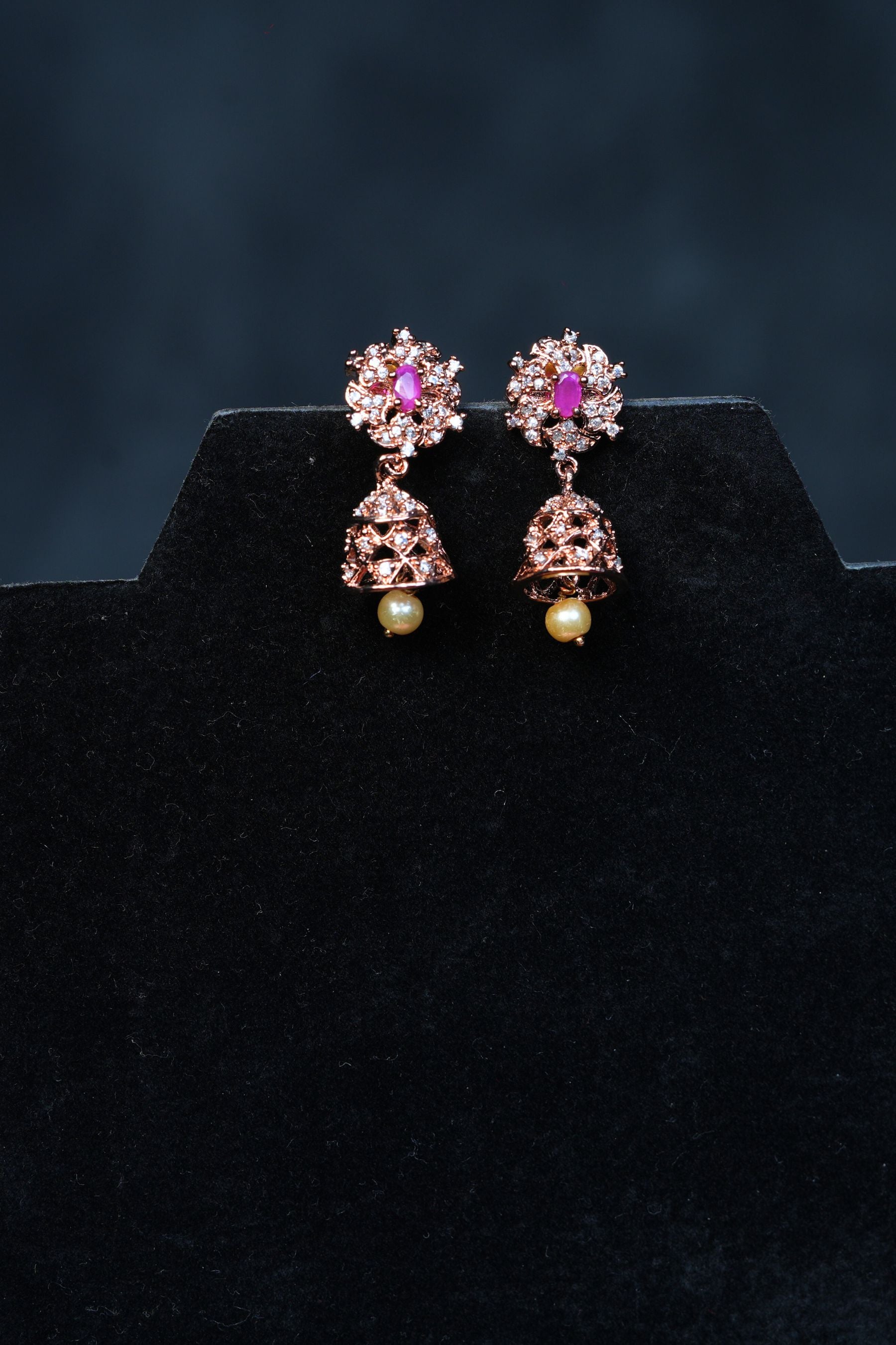 Stunning Pink and White AD Stone Jhumka Earrings with Pearl Detail Jewelry JCS Fashions Pink and white 1"