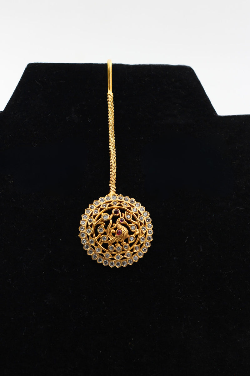 Elegant Gold-Polished Tikka with Sparkling White Stones - JCS Fashions