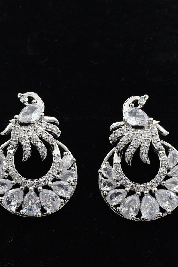 Exquisite Silver Polish Designer Earrings with Radiant White Stone