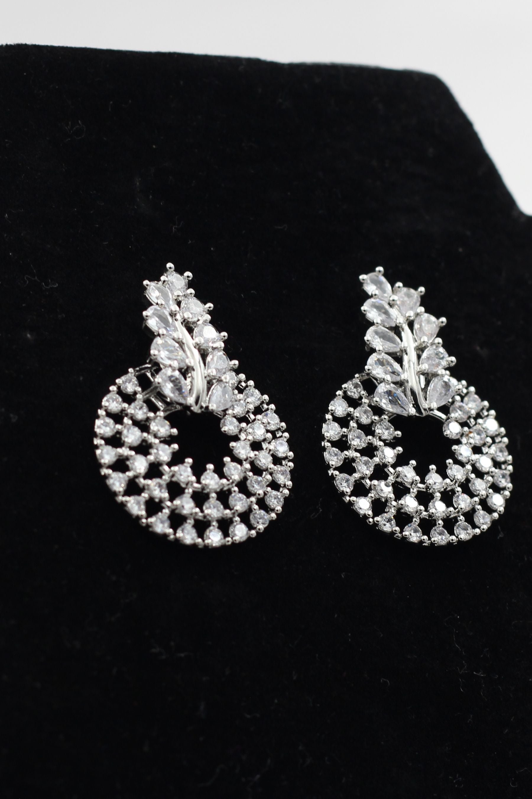 Elegant Silver Polish Designer Earrings with Gleaming White Stones Jewelry JCS Fashions White 1.5"