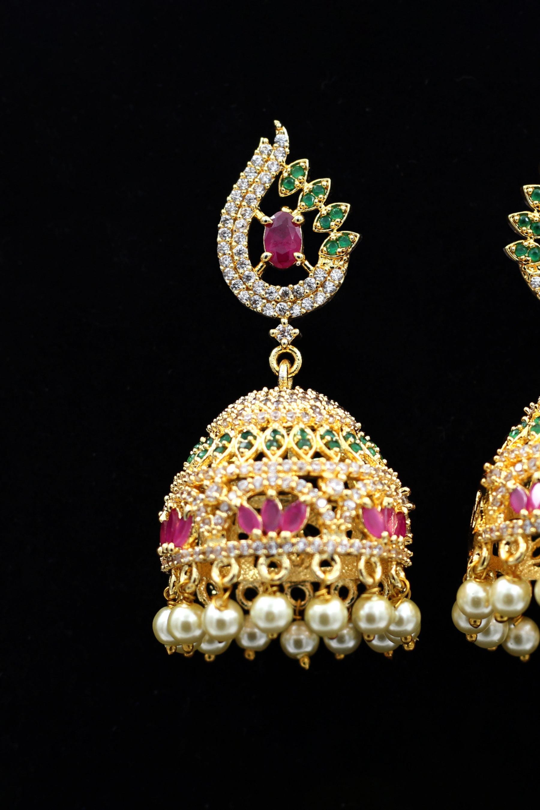 Vibrant Jeweled Gold Polish Jhumka Earrings with Pearl Accents Jewelry JCS Fashions