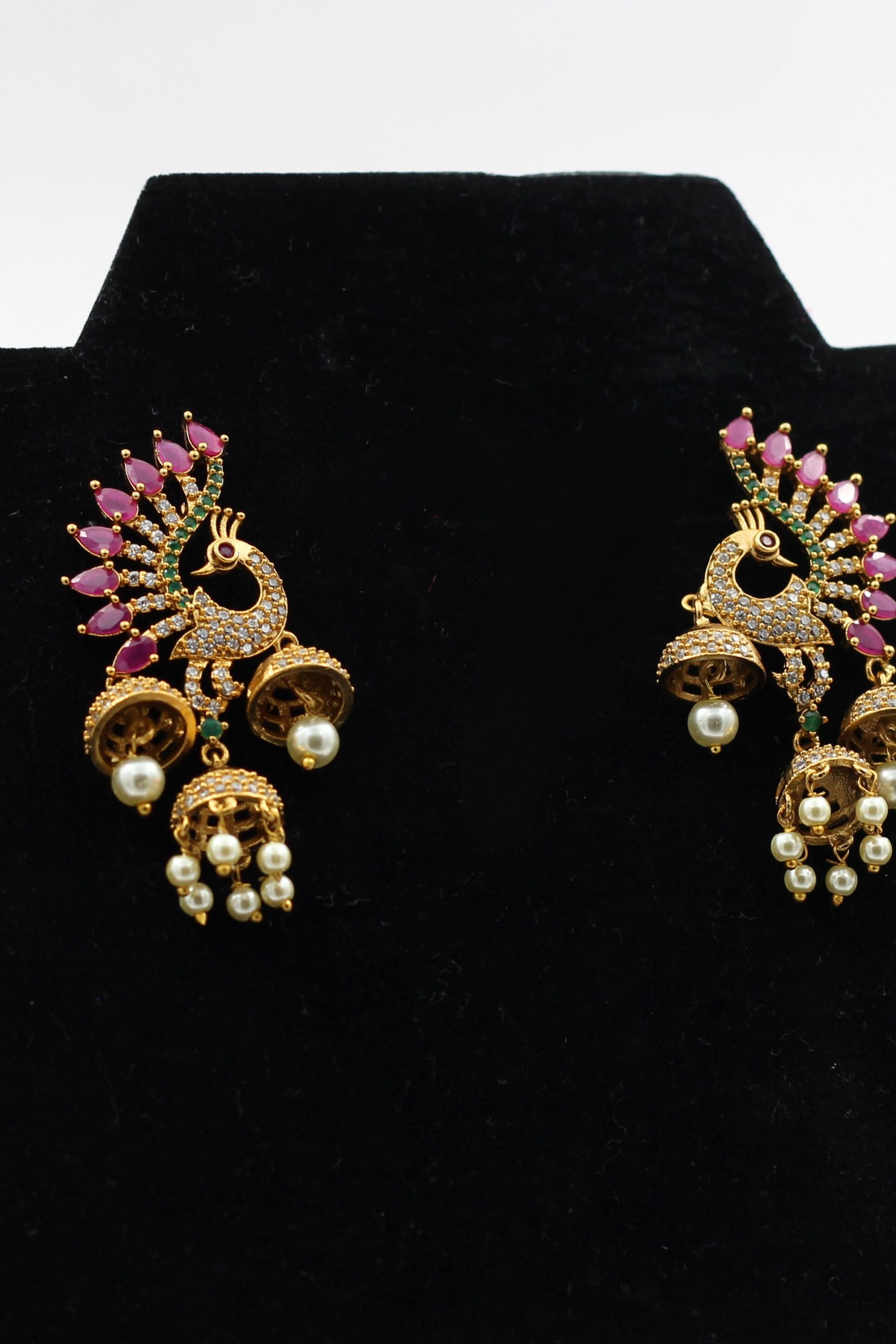 Vintage-Inspired Peacock Jhumka Earrings with Multicolor Stones Jewelry JCS Fashions Matte 2"