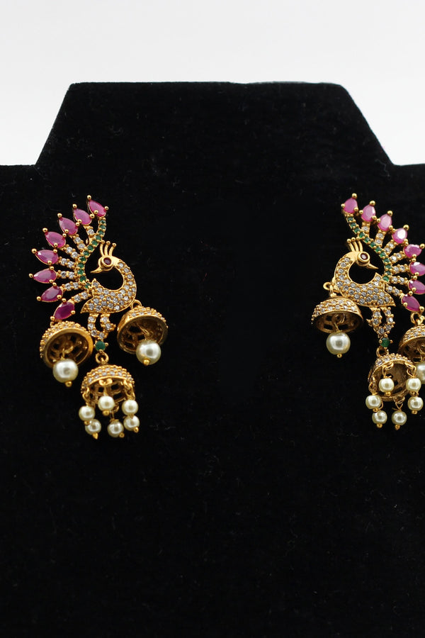 Vintage-Inspired Peacock Jhumka Earrings with Multicolor Stones