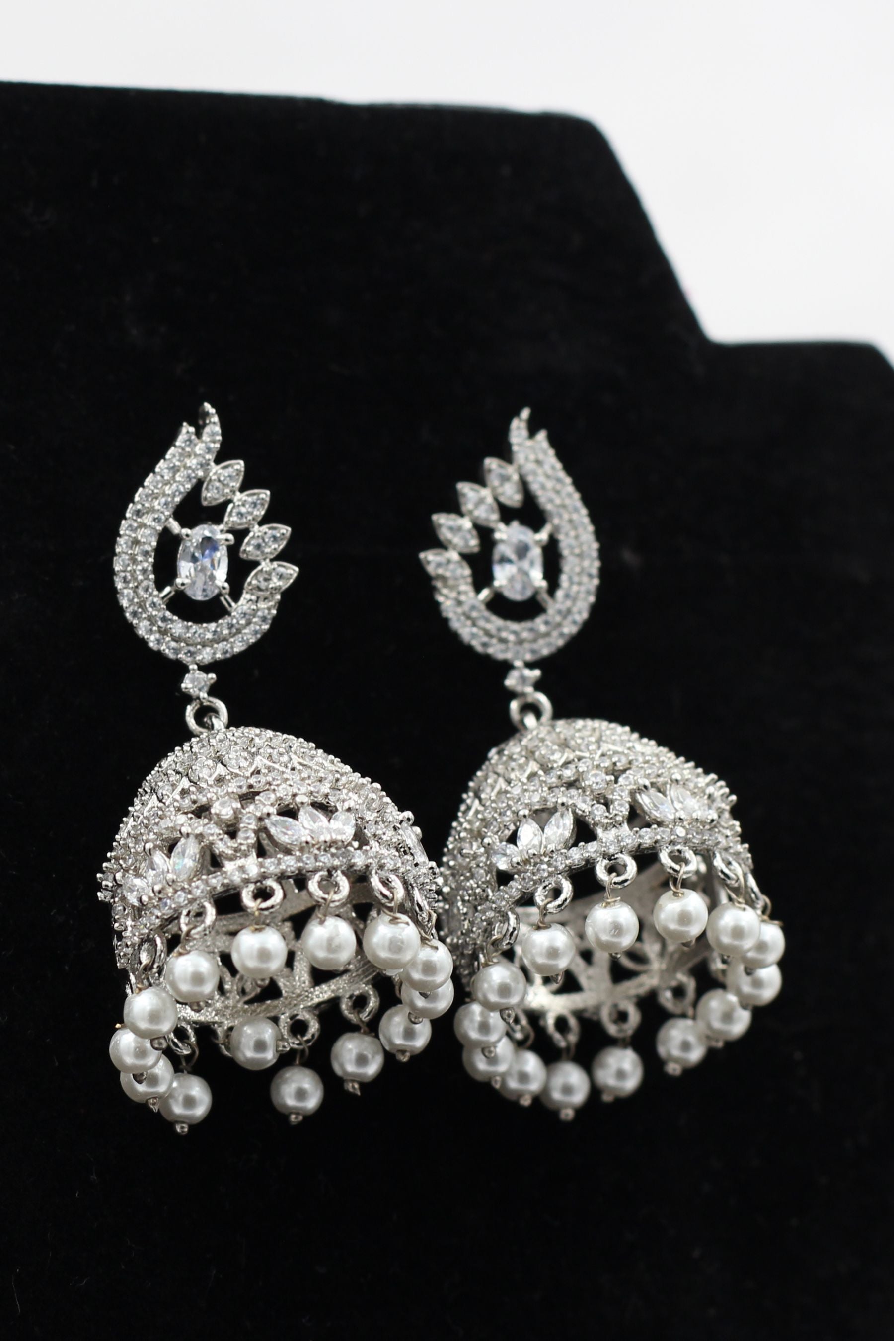 Ethereal Silver Polish Jhumka with White Stones and Pearl Hangings Jewelry JCS Fashions