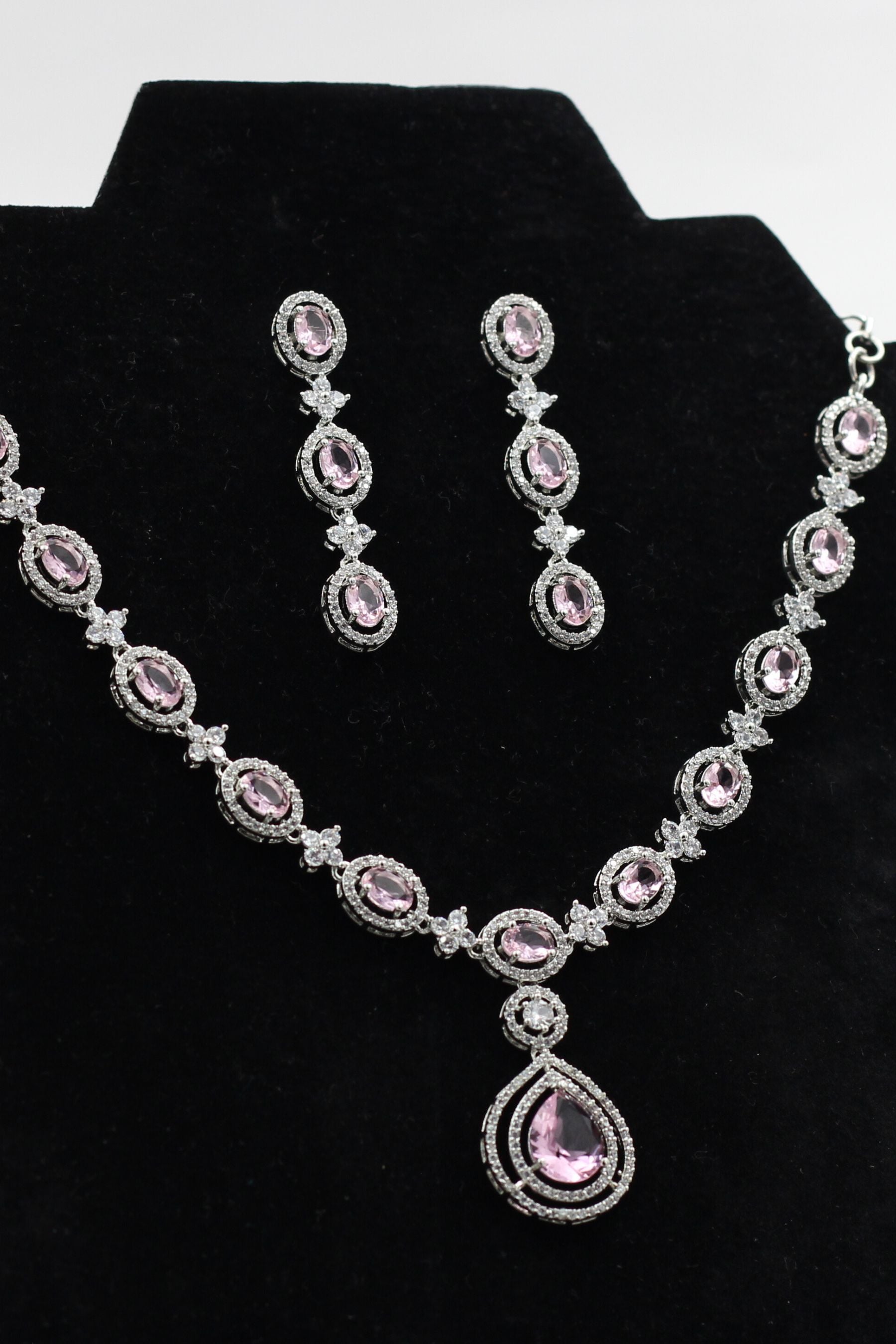 JCS Sophisticated Silver Polish Jewelry Set with White and Pink Stones