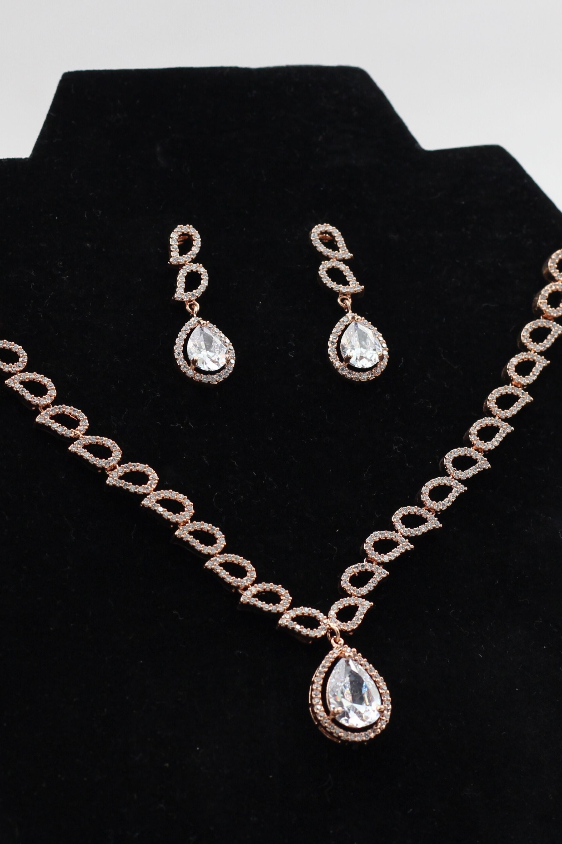 Rose Gold Stone Jewelry Set: Necklace & 1.2" Earrings by JCSFashions Jewelry JCS Fashions White 9"