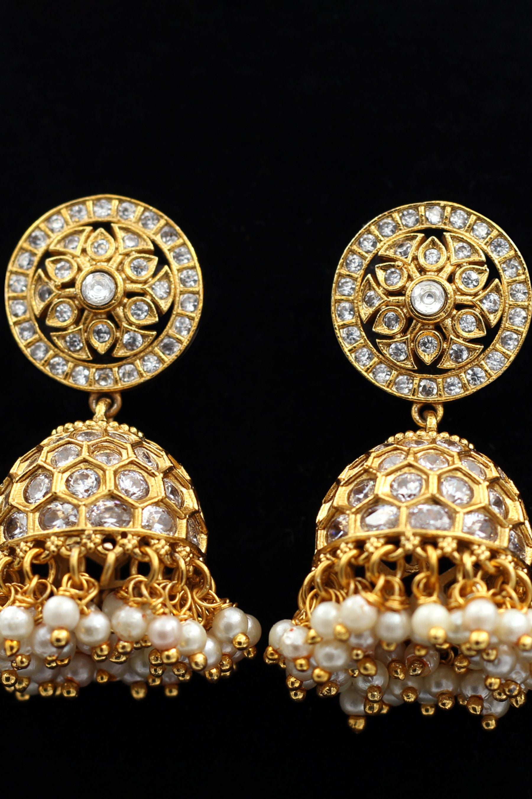 JCS Fashions' Gleaming Gold Jhumka Earrings with White Stones & Pearls Jewelry JCS Fashions Gold 1.5"