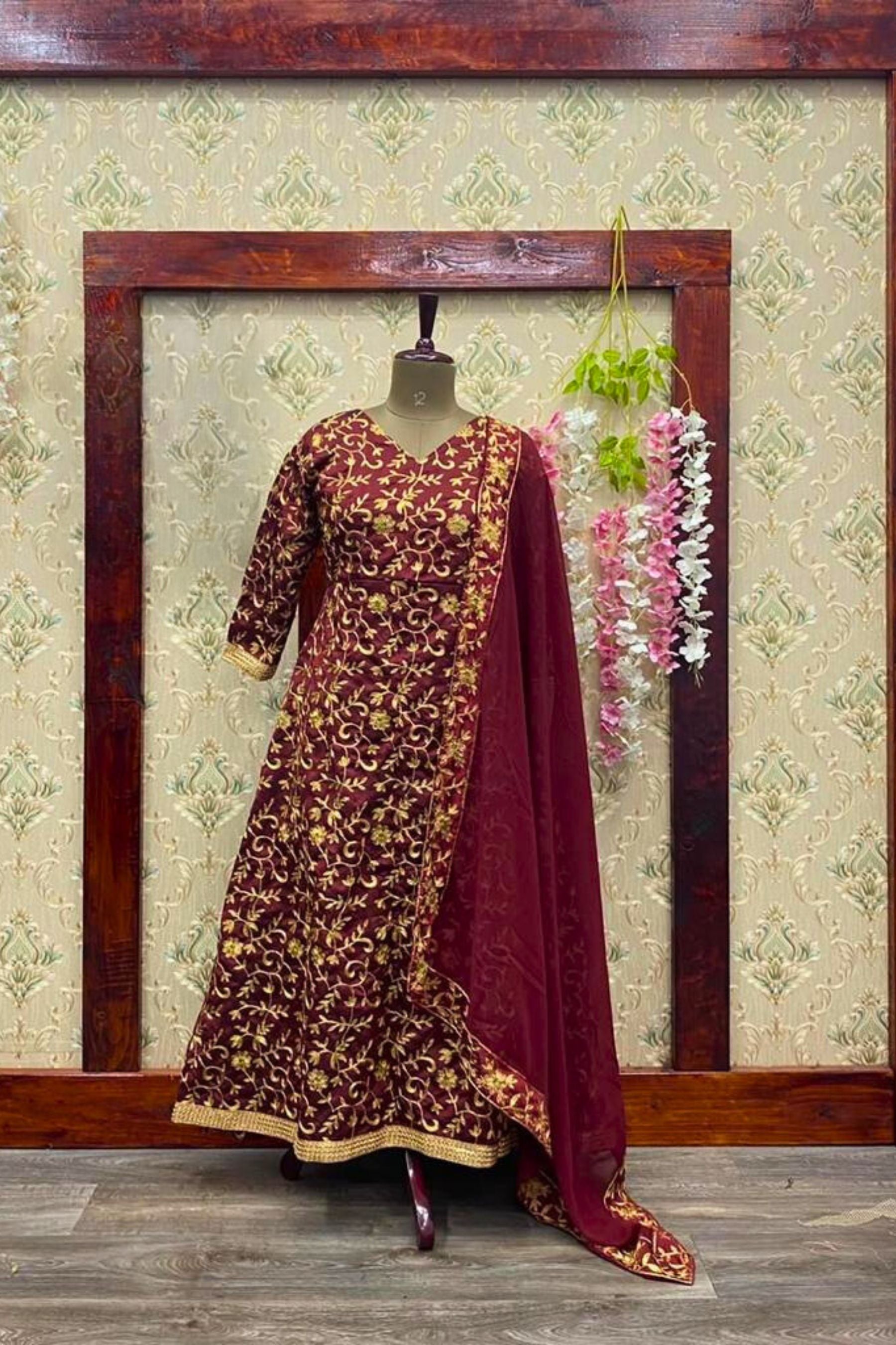 Rich Dual Shade Embroidered Long KURTI Gown - Regal Ethnic Ensemble KURTI JCS Fashions Maroon Medium (38)