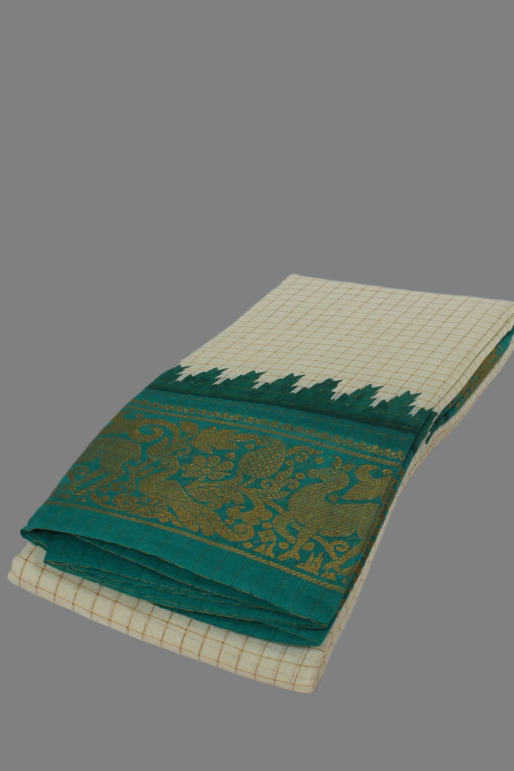 Madurai Pure Sungudi Cotton Saree with Golden Checks & Zari Border