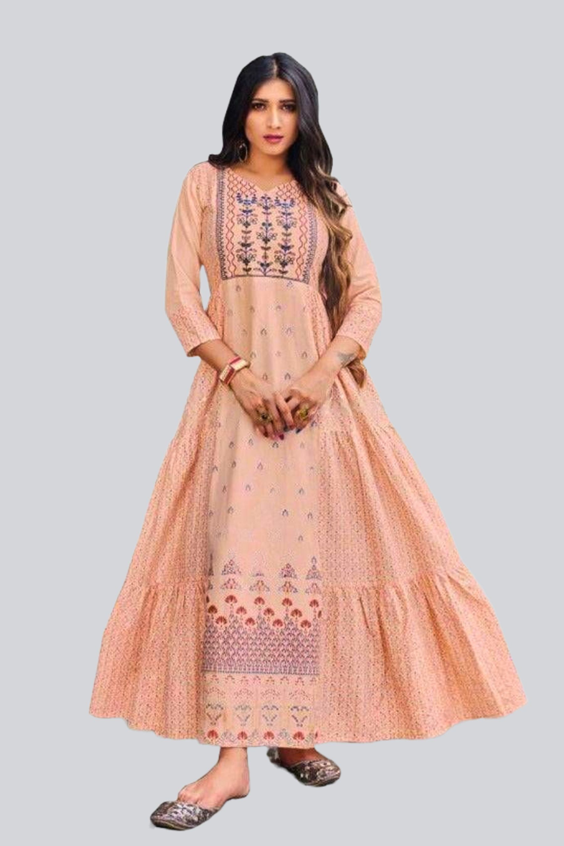 Elegant Cotton Cambric Gown | Frill Detail and Heavy Neck Embroidery Kurti JCS Fashions Peach Medium (38)