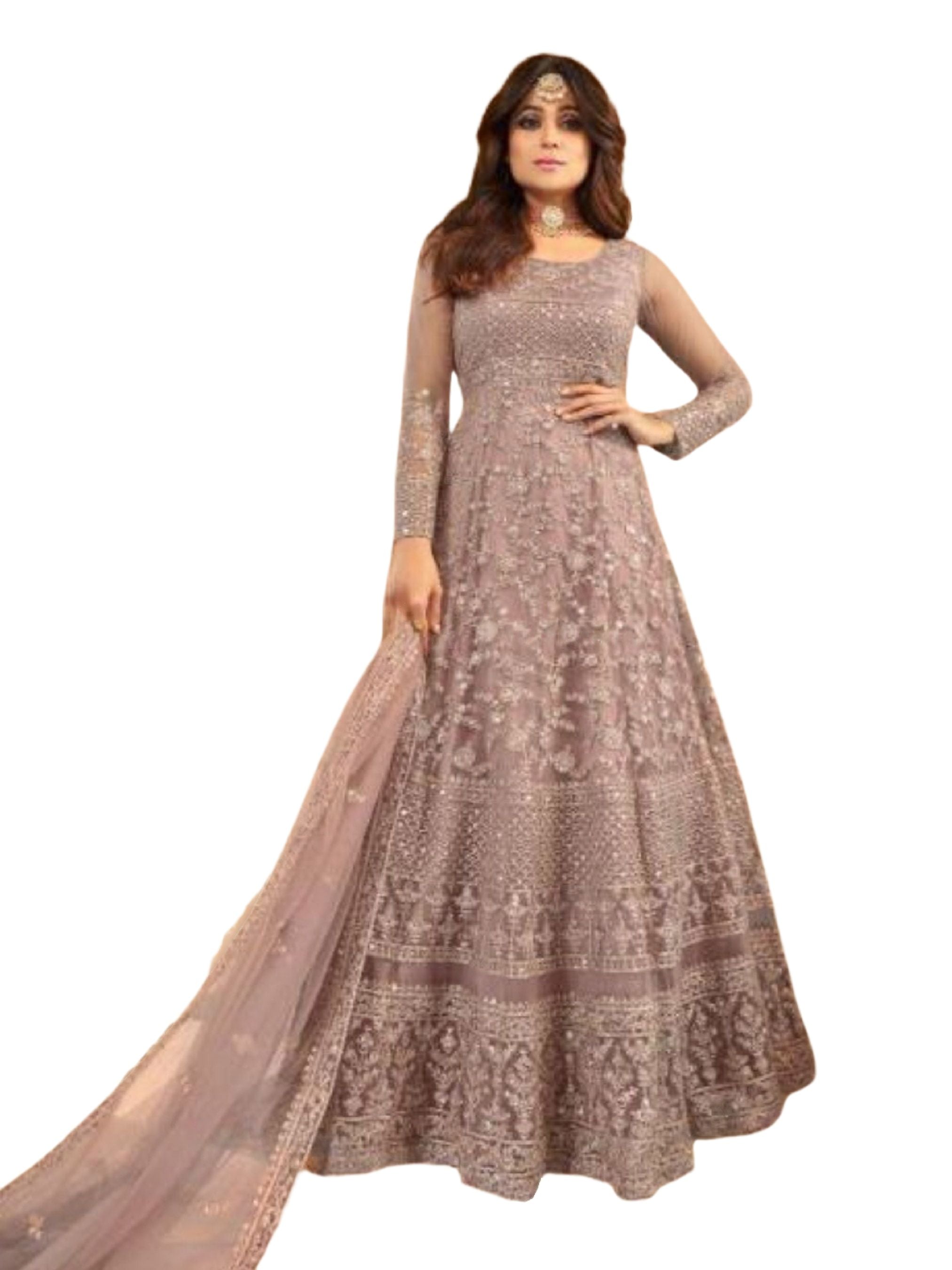 Heavy Embroidery and Sequins work Floor Length Kurti in Mauve KURTI JCS Fashions Mauve Small (36)