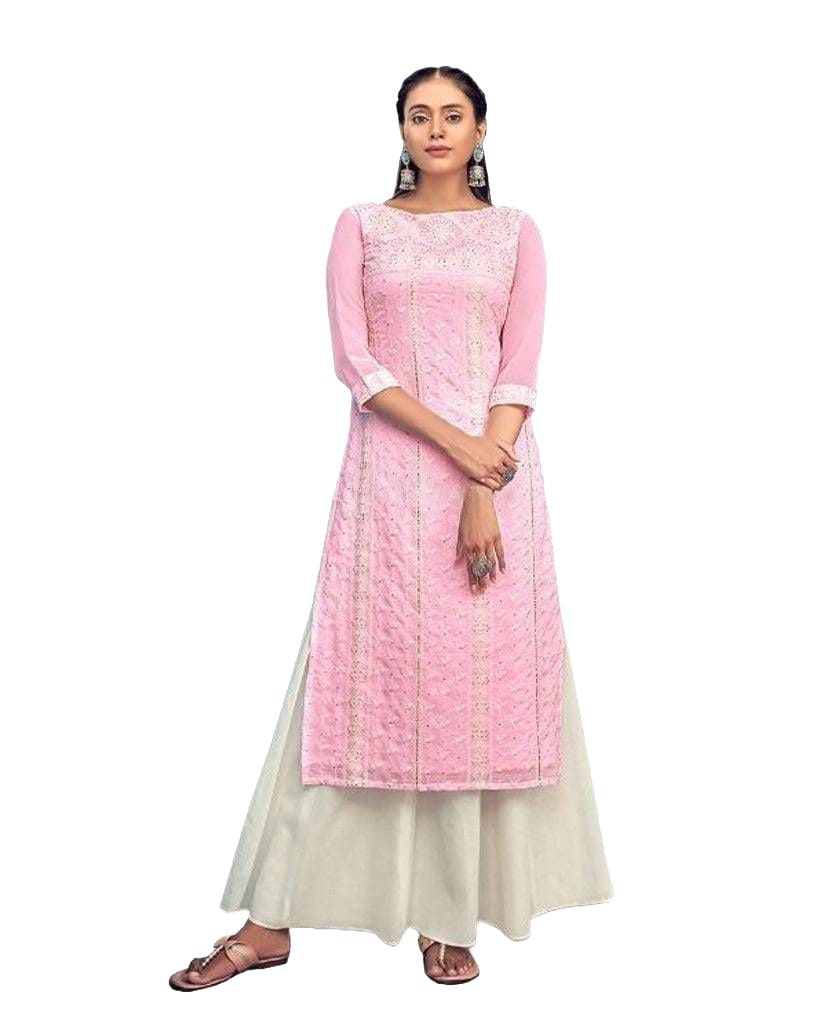 Elegant Pure Georgette Lucknowi Kurti with Cotton Skirt Kurti JCS Fashions Pink Small (36)