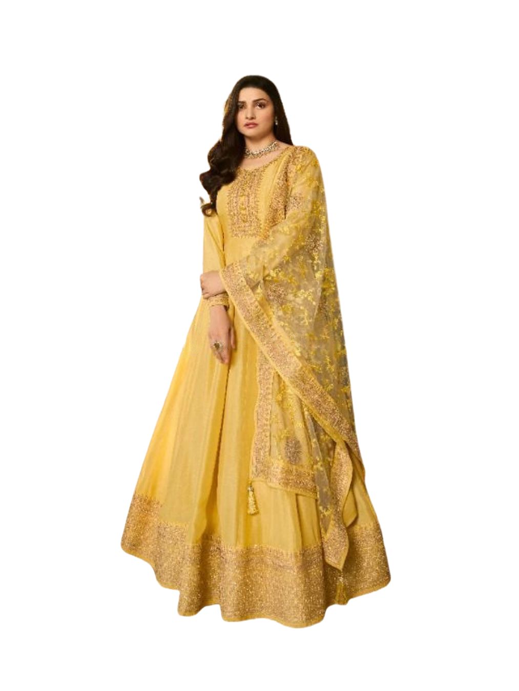 Stunning Dola Silk A-line Floor Length Gown in Festive Yellow KURTI JCS Fashions Yellow Small (36)