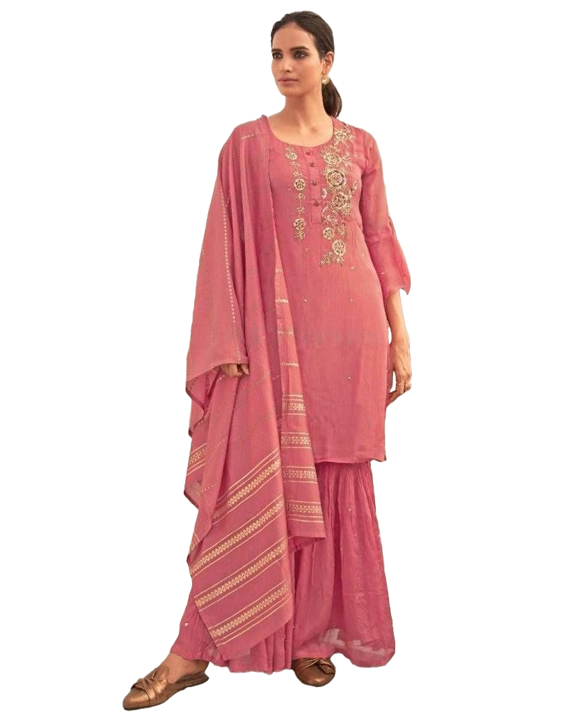 Designer Viscose Silk Sharara Set with Handwork Jacquard Dupatta Kurti JCS Fashions Pink Medium (38)