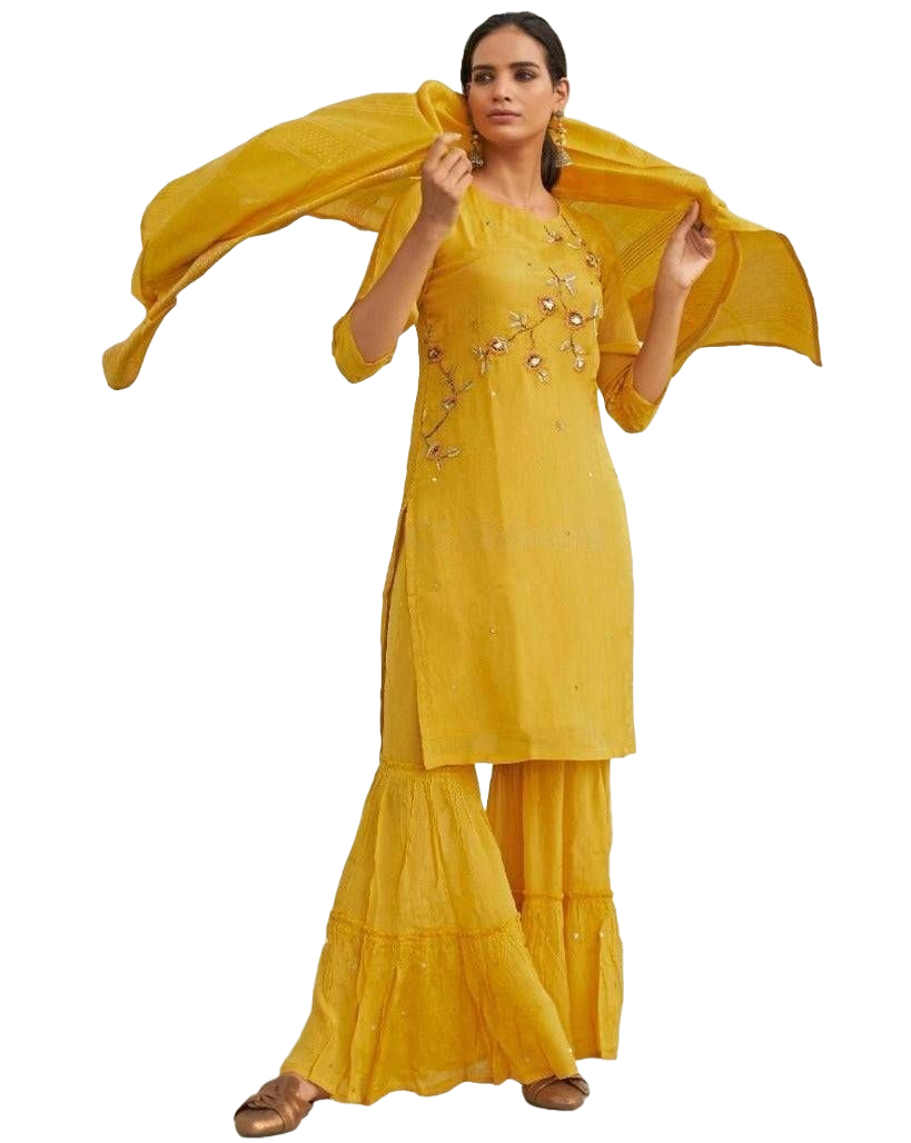 Designer Viscose Silk Sharara Set with Handwork Jacquard Dupatta Kurti JCS Fashions Yellow Medium (38)