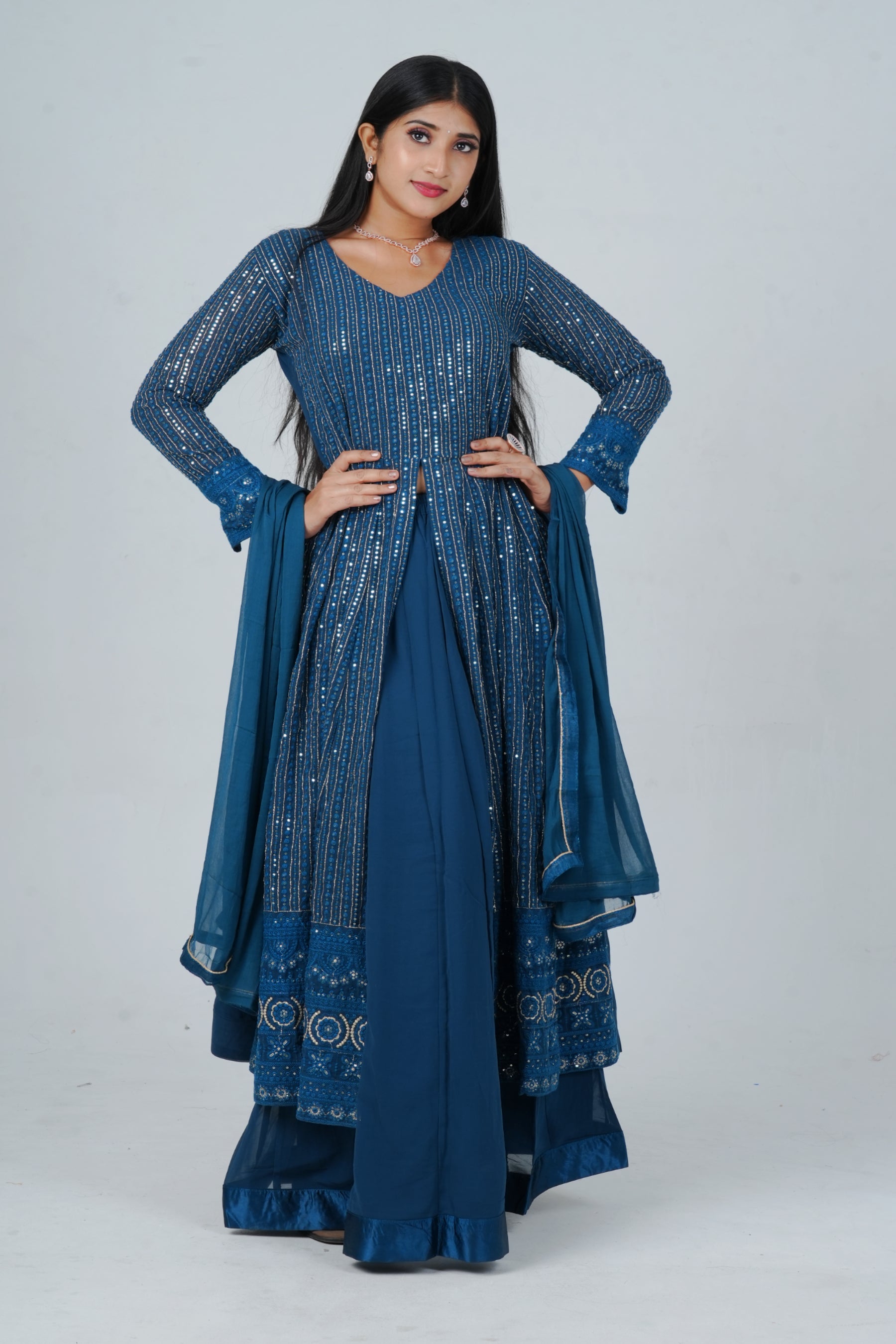 Unique Georgette Salwar Suit with Skirt - Embelished with Sequin Work KURTI JCS Fashions Blue Medium (38)