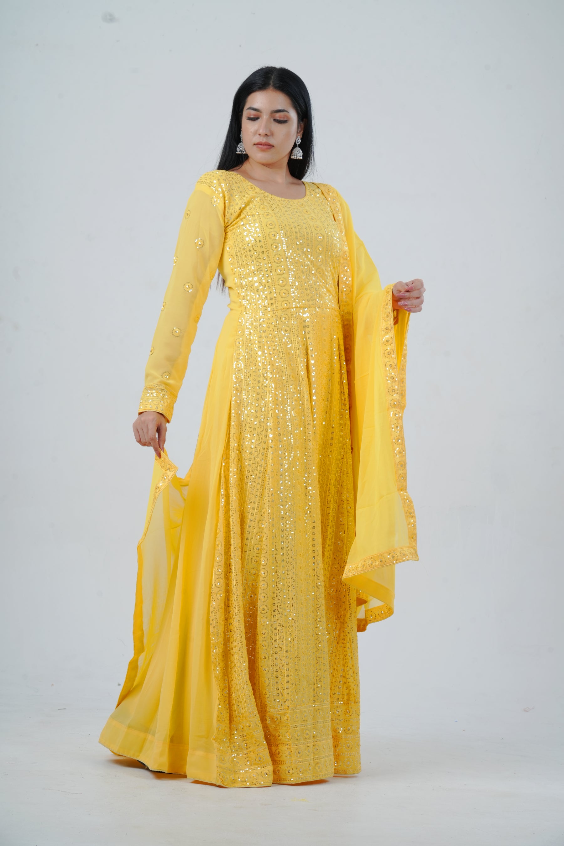 Chic Georgette Long Gown with Sequin Embellishments in Yellow KURTI JCS Fashions Yellow Medium (38)