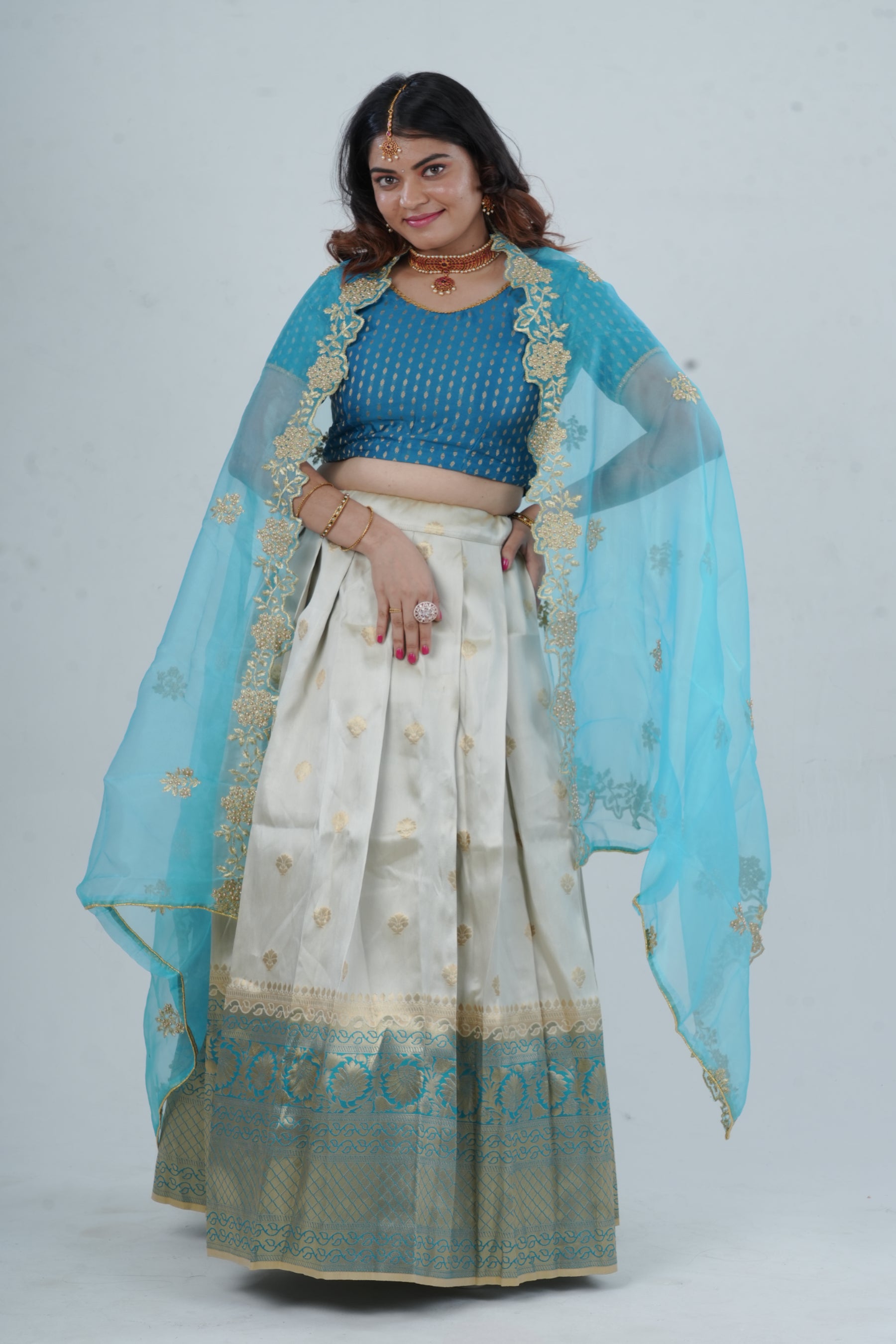 Luxurious Kanchipuram Silk Lehenga with Gleaming Zari Border LEHENGA JCS Fashions Half White & Blue Medium (38)