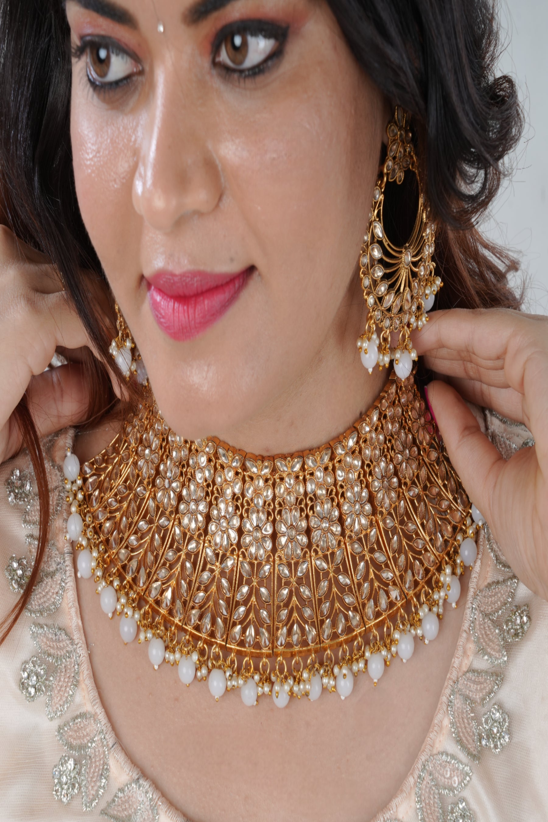 Regal Kundan Necklace Set with Tikka, Gold-Plated & Pearl-Adorned Jewelry JCS Fashions Gold free size