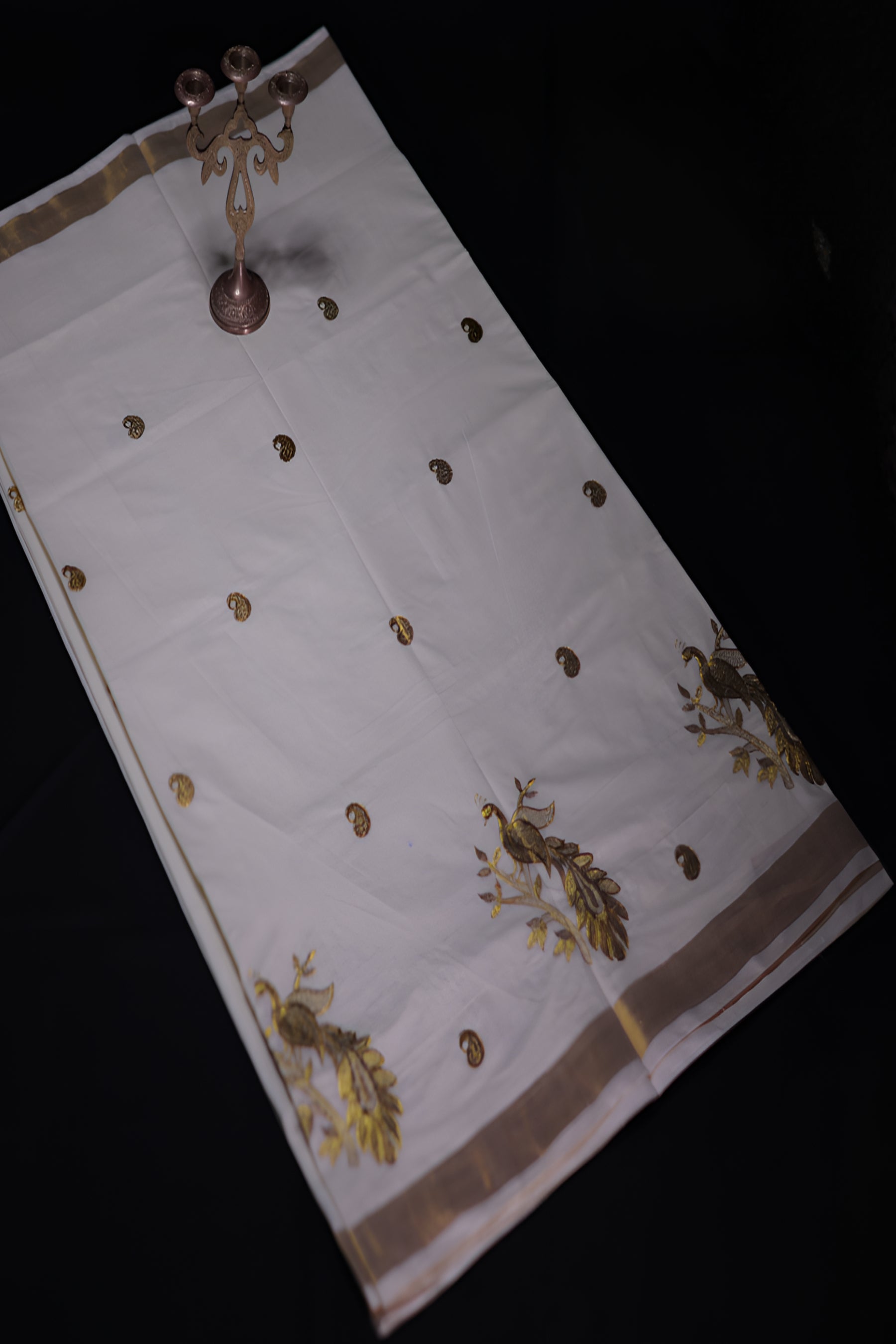 Elegant Kerala Kasavu Cotton Saree with Peacock Motifs and Gold Zari Border Saree JCS Fashions