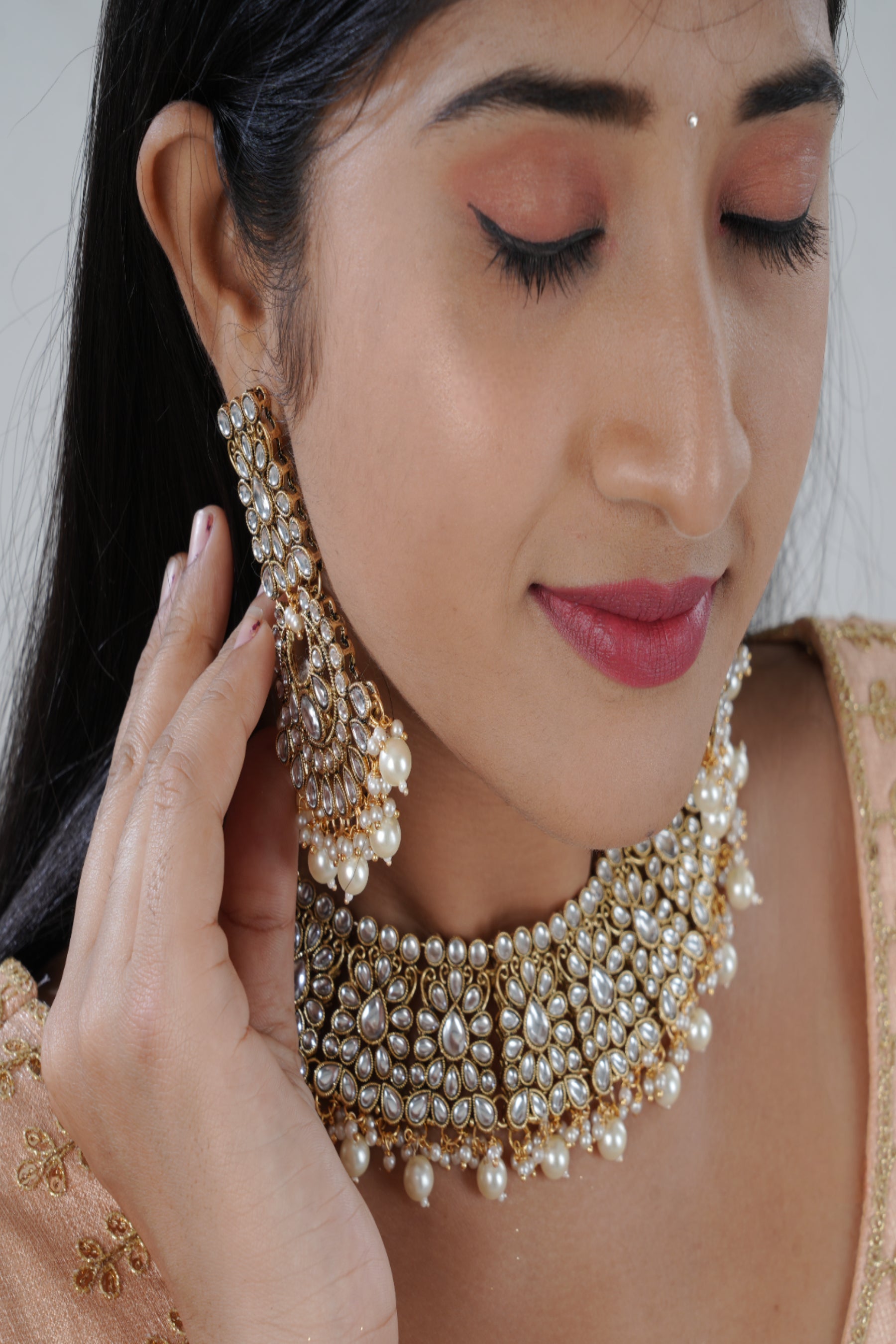 Opulent Kundan Neckset with Pearl Dangles and Tikka by JCS Fashions Jewelry JCS Fashions