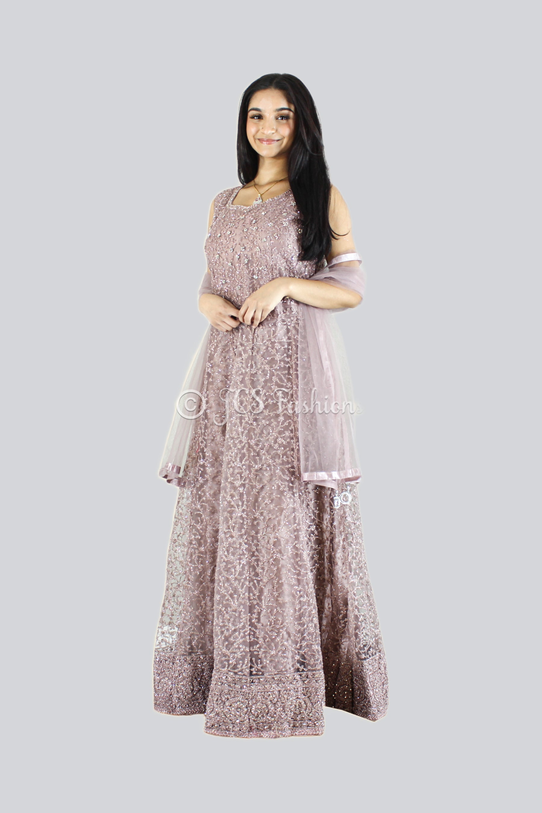 Designer A-Line Long Gown With Intricate Embroidery And Stone Work KURTI JCS Fashions Mauve Large (40)