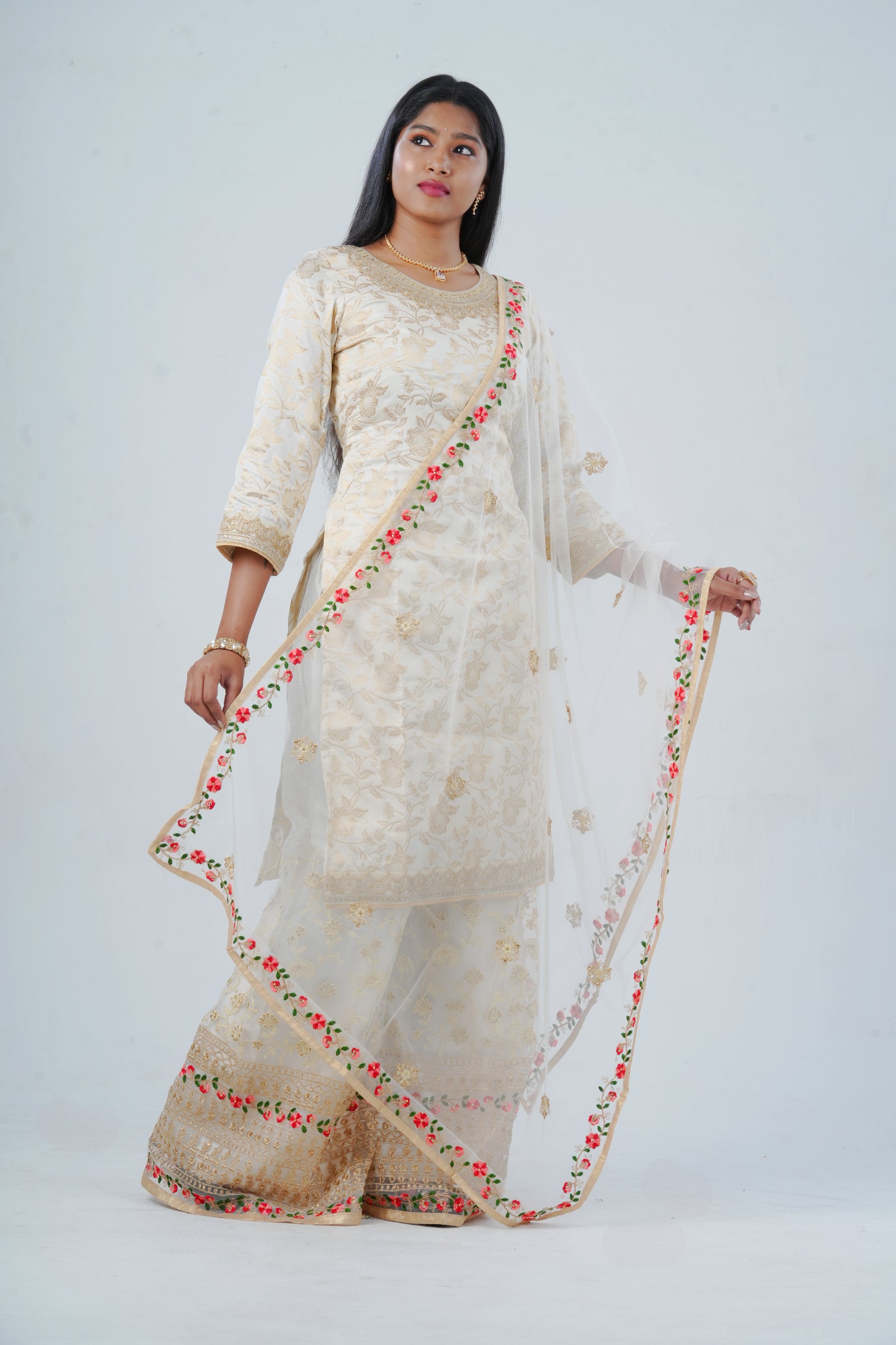 Luxurious Embroidered Kurti Salwar Kameez for Party & Wedding KURTI JCS Fashions Beige Small (36)