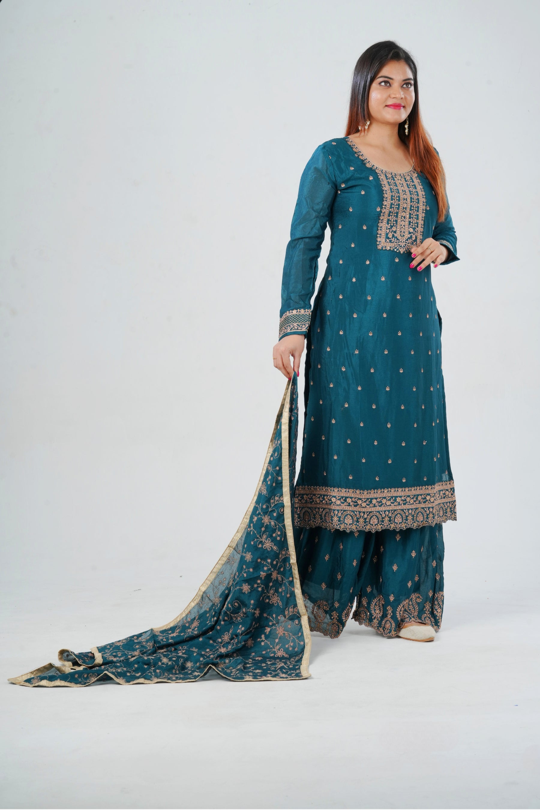 Stunning Soft Chinnon Silk Sharara - Elegant Handwork Embroidery KURTI JCS Fashions Sea Green Small (36)